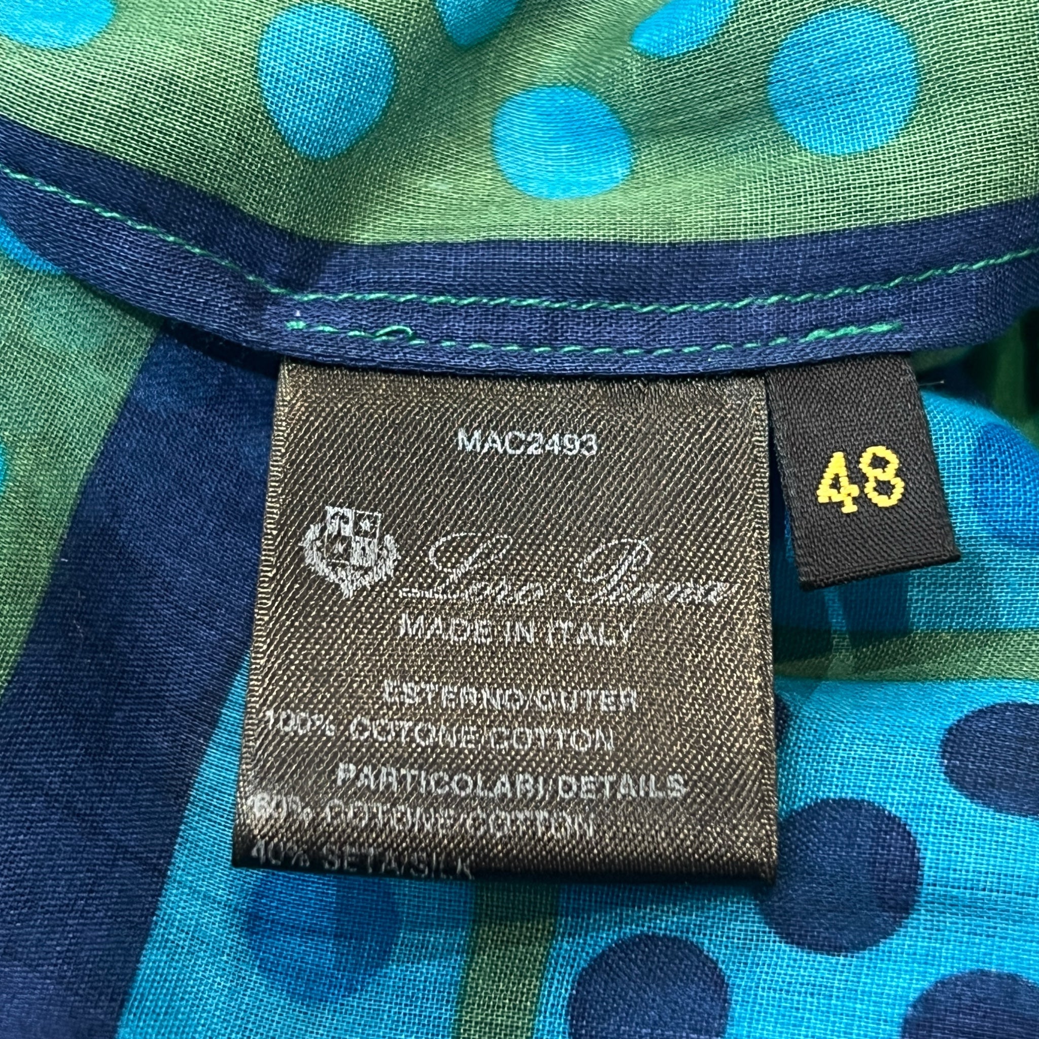Loro Piana Green and Blue Geometric Print Cotton Long Sleeve Shirt Dress, fibre content