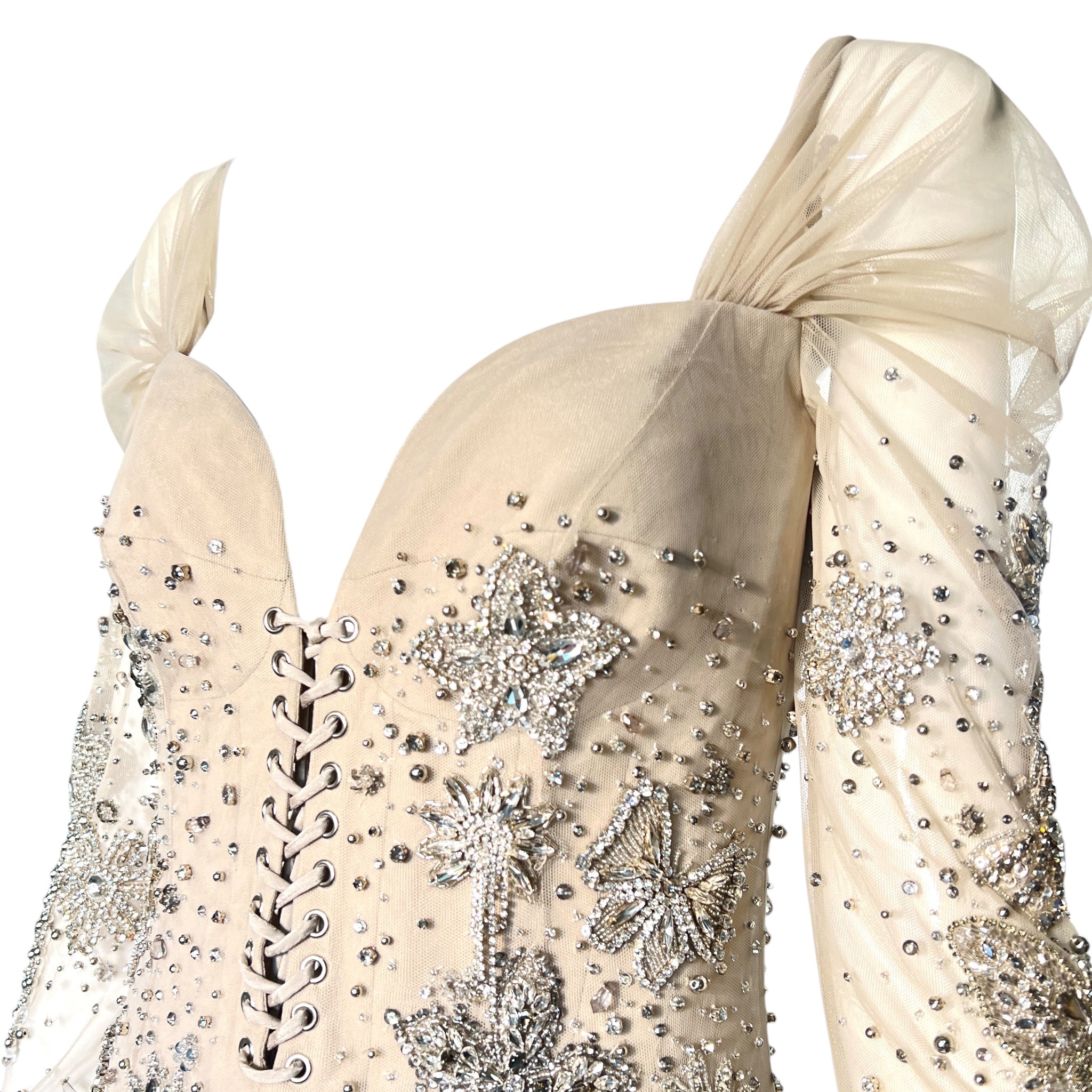 Georges Hobieka 2025 Greige Crystal Embellished Corseted Gown, bodice slight side