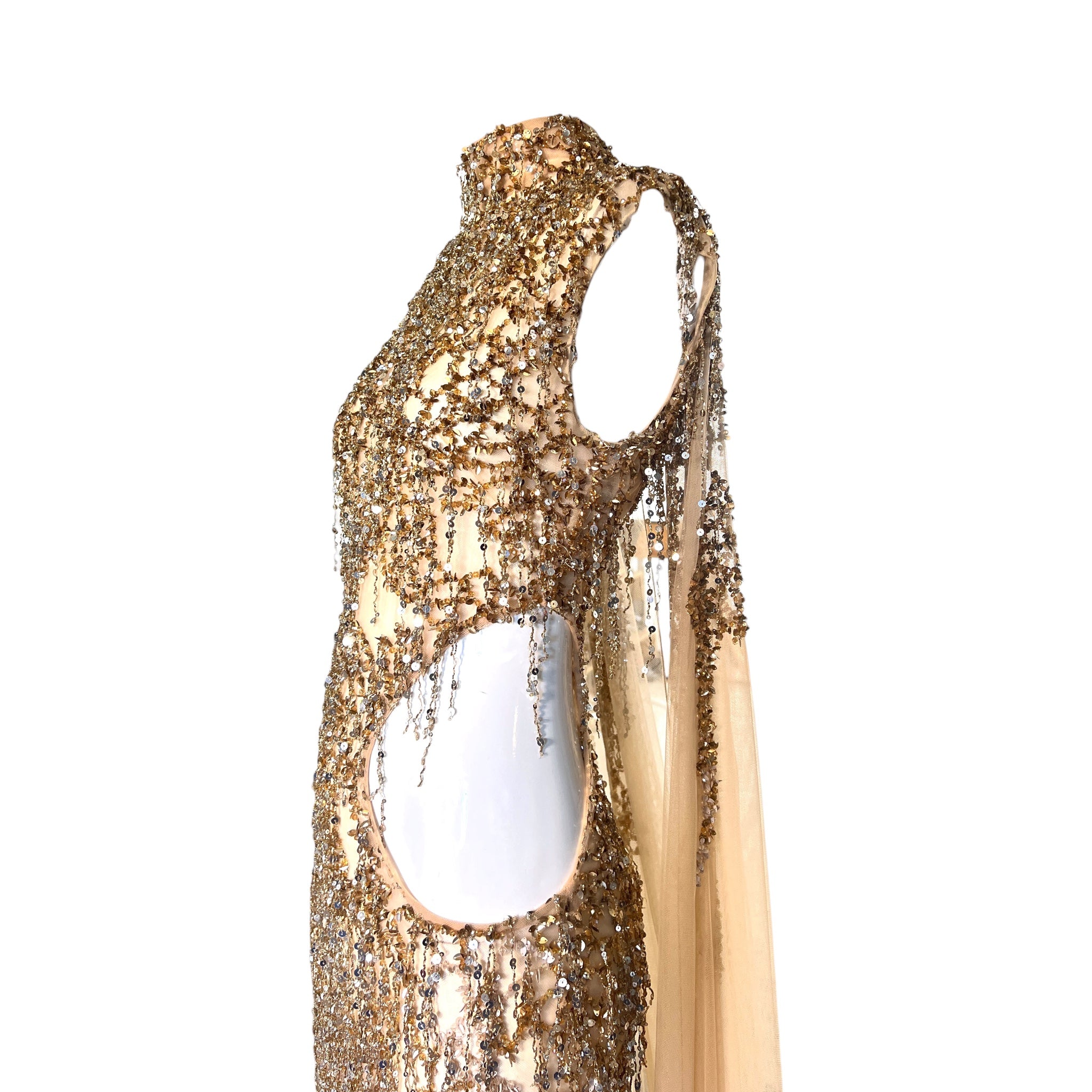 Tony Ward 2024 Gold Sequined Embellished Gown w/Sexy Side Cut-Out, Bodice slight side