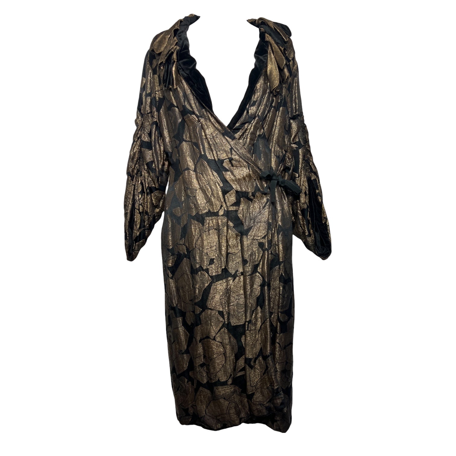 1920's Gold Lame and Black Velvet Rose Cocoon Coat FRONT TIED