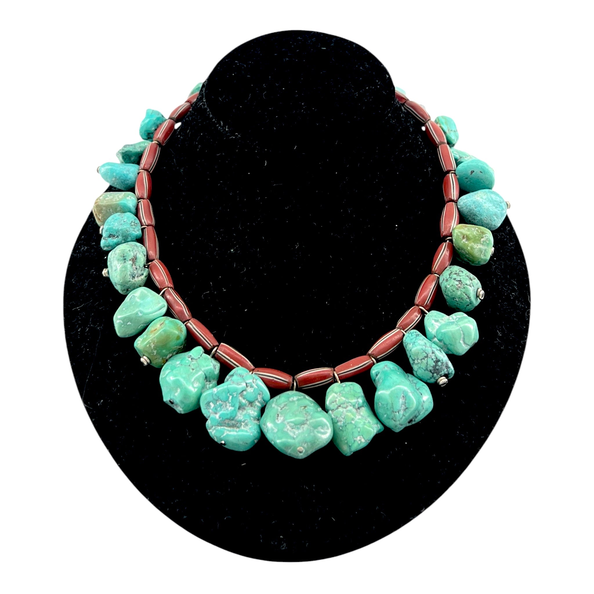 Turquoise Nugget and African Glass Bead Collar Necklace, 2