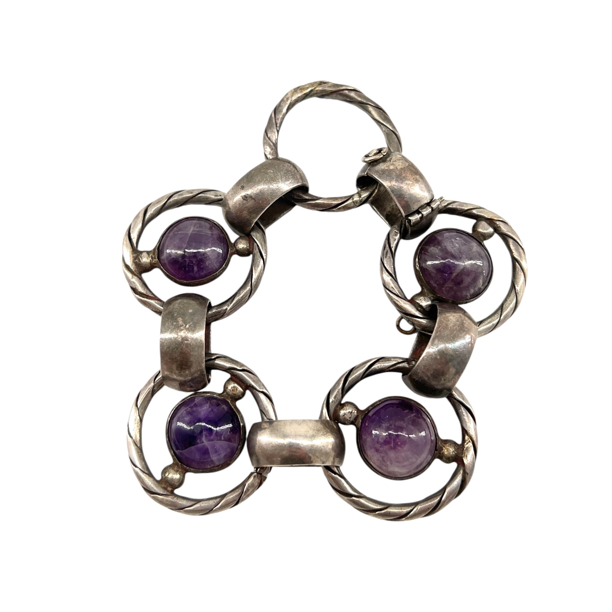 1940's Mexican Silver and Amethyst Cabochon Twisted Rope Link Bracelet