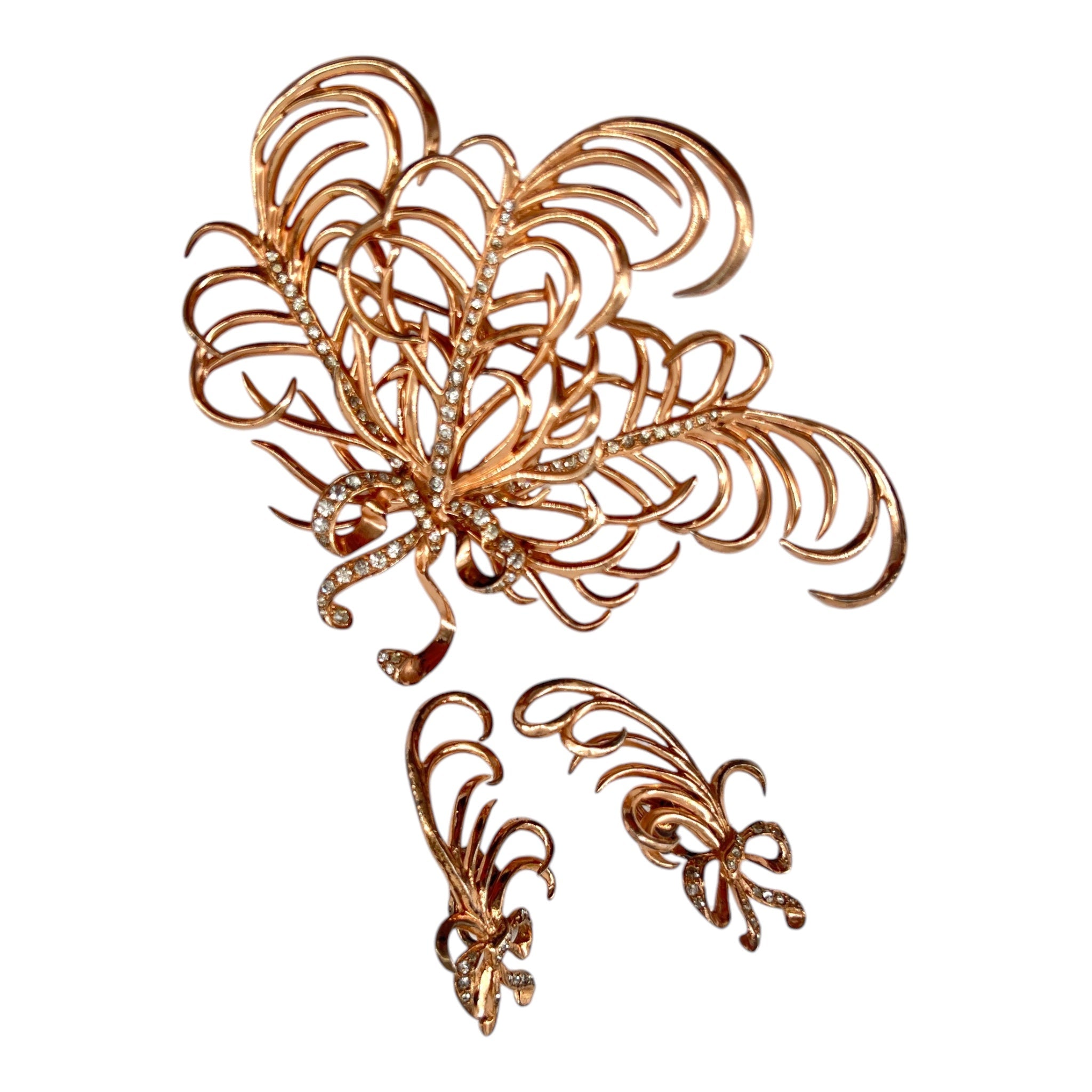 Nettie Rosenstein 1940's Sterling Silver Gold Vermeil Diamante Feather Brooch and Earrings