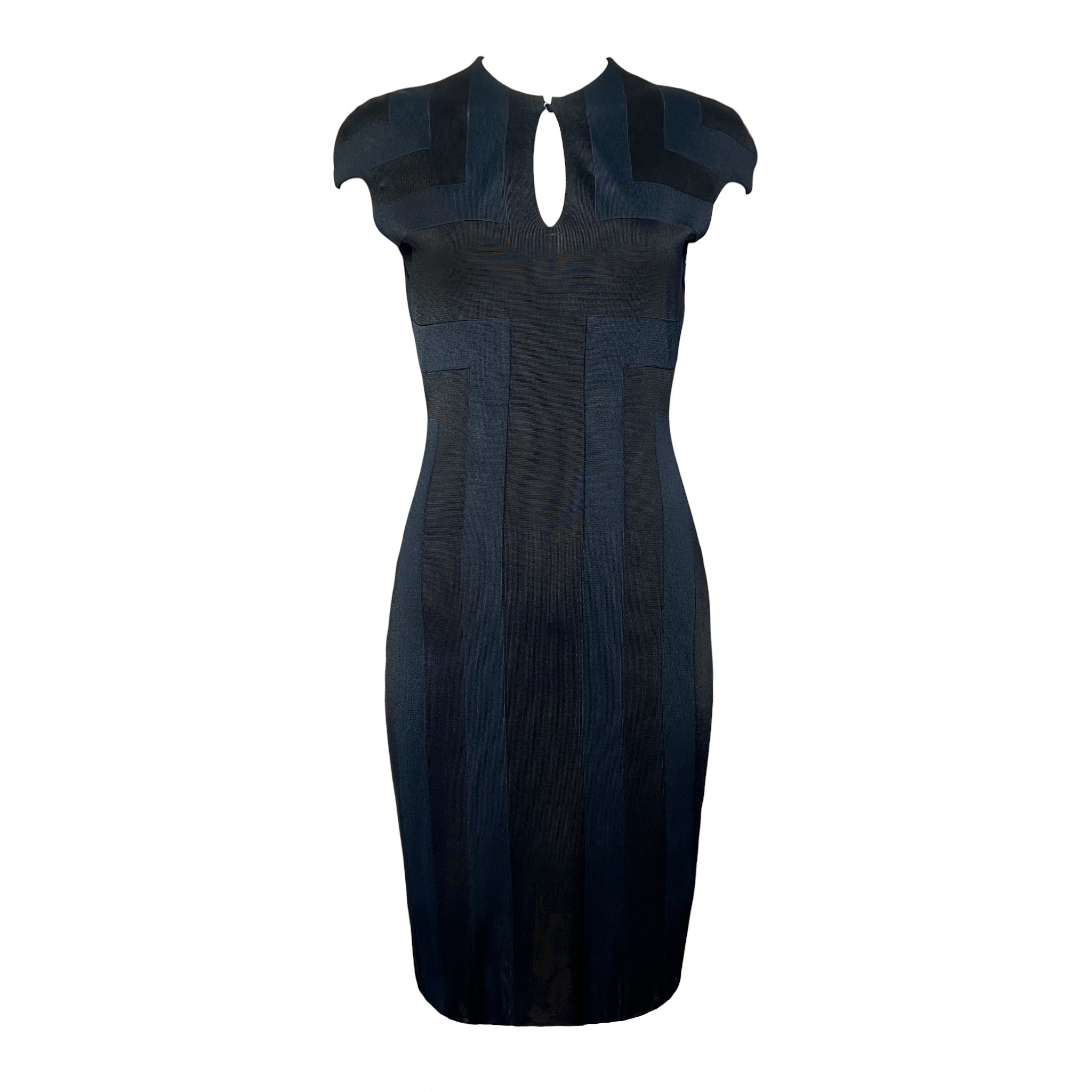 Alexander McQueen Resort 2010 Deep Indigo and Black Geometric Knit Keyhole Dress FRONT