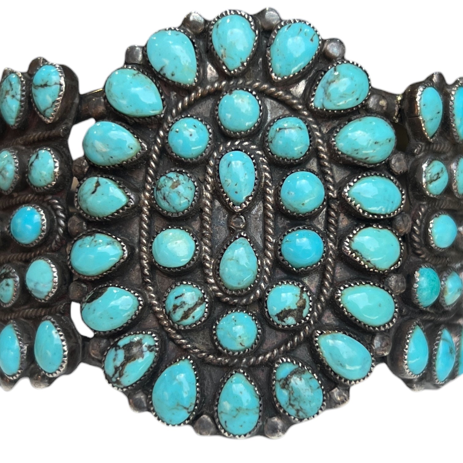 J.M. Begay Navajo Turquoise Petit Point Sterling Silver Cuff Bracelet, close up