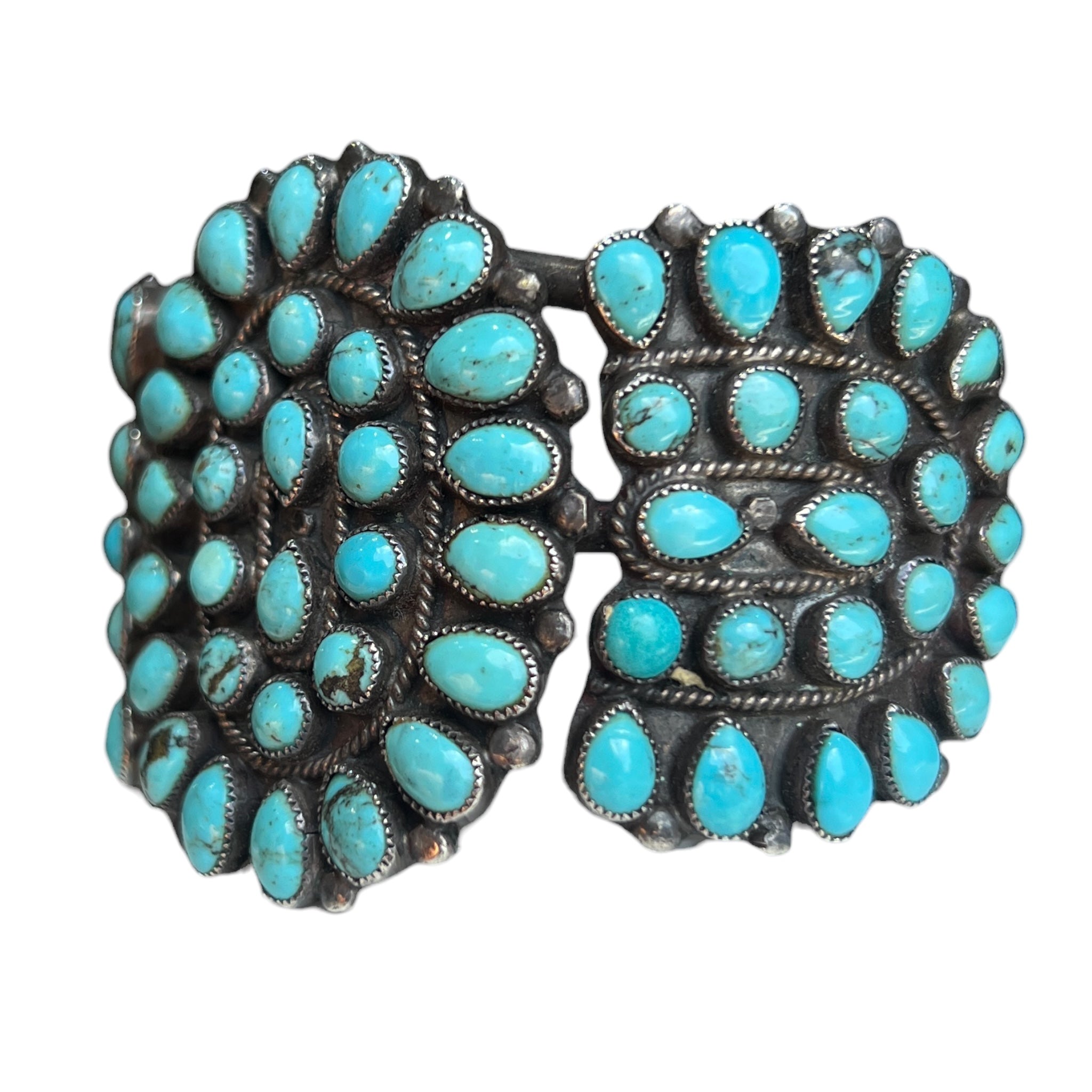 J.M. Begay Navajo Turquoise Petit Point Sterling Silver Cuff Bracelet, angled 2