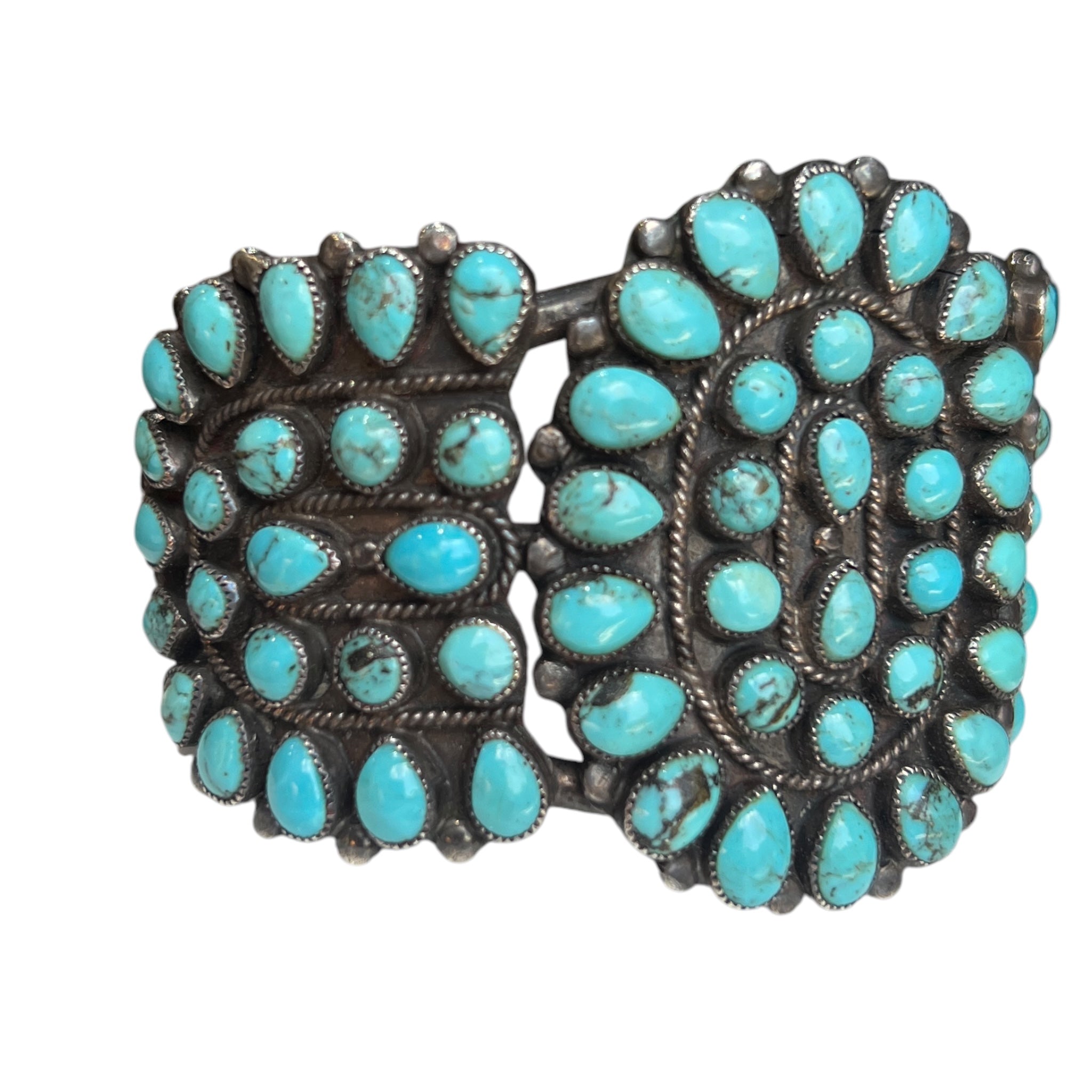J.M. Begay Navajo Turquoise Petit Point Sterling Silver Cuff Bracelet, angled