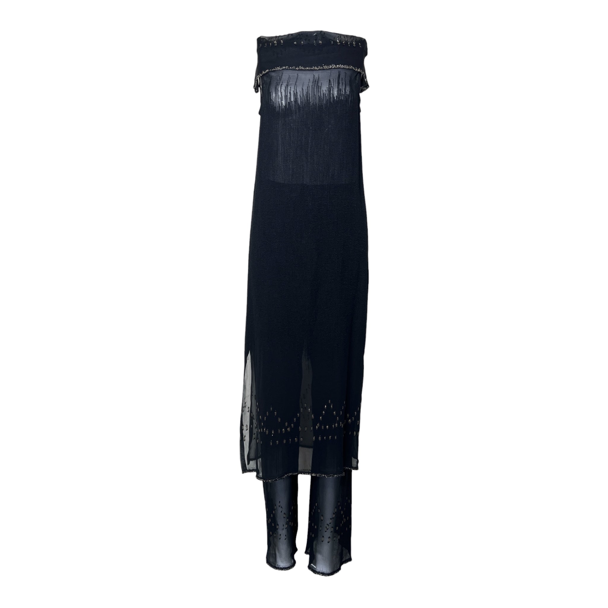 Joan Vass Early 1990's Black Silk Chiffon Tunic and Pant Ensemble with Gold Detail