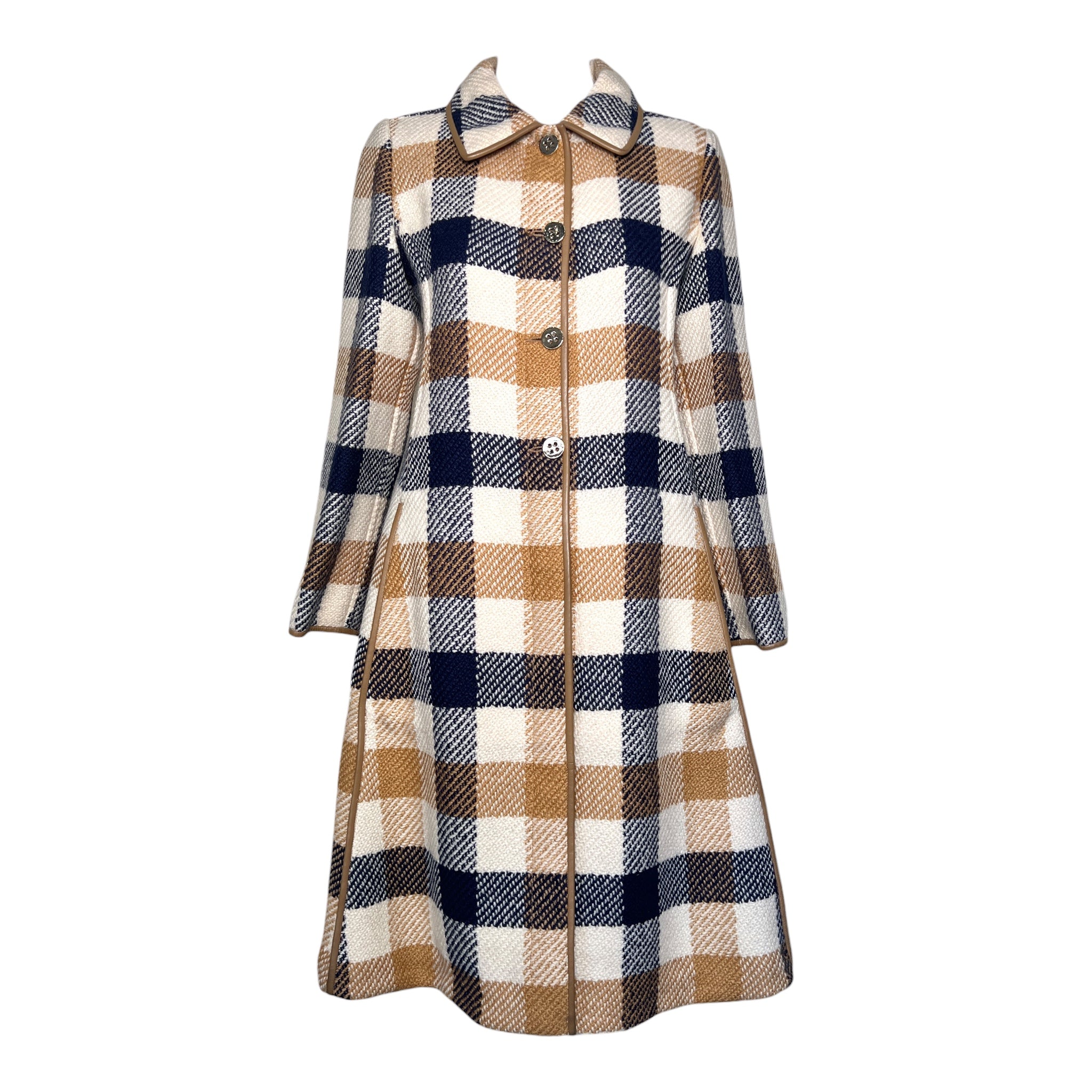  Bonnie Cashin for Sills Spring 1968 Cream, Tan, and Navy Plaid Tweed Coat FRONT