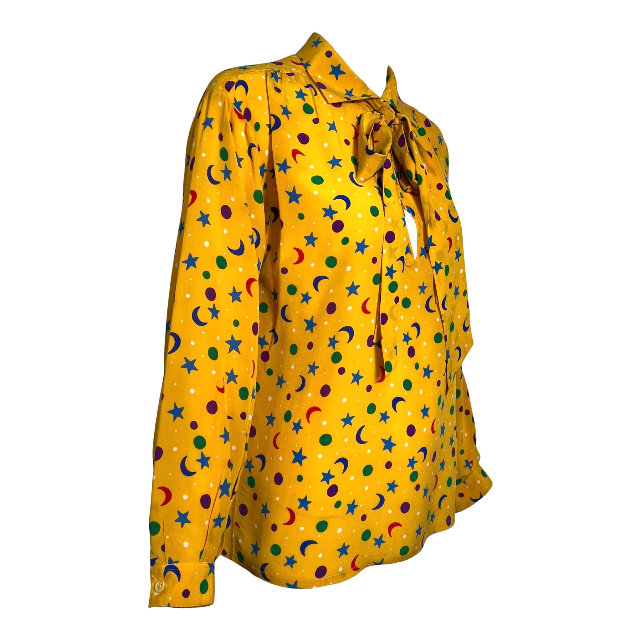 Yves Saint Laurent S/S 1979 Stars and Moon Yellow Silk Blouse, slight side