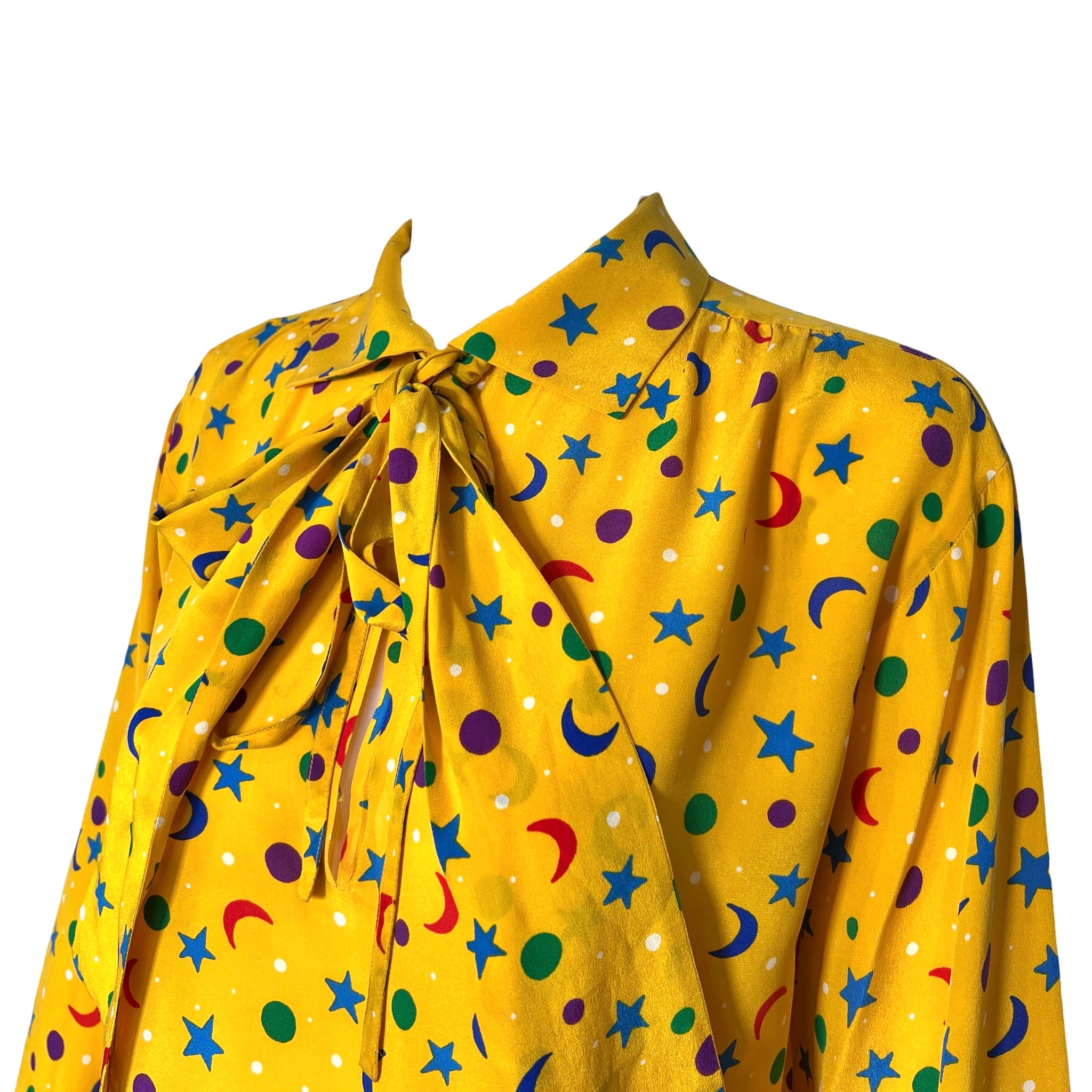 Yves Saint Laurent S/S 1979 Stars and Moon Yellow Silk Blouse, with pussy bow