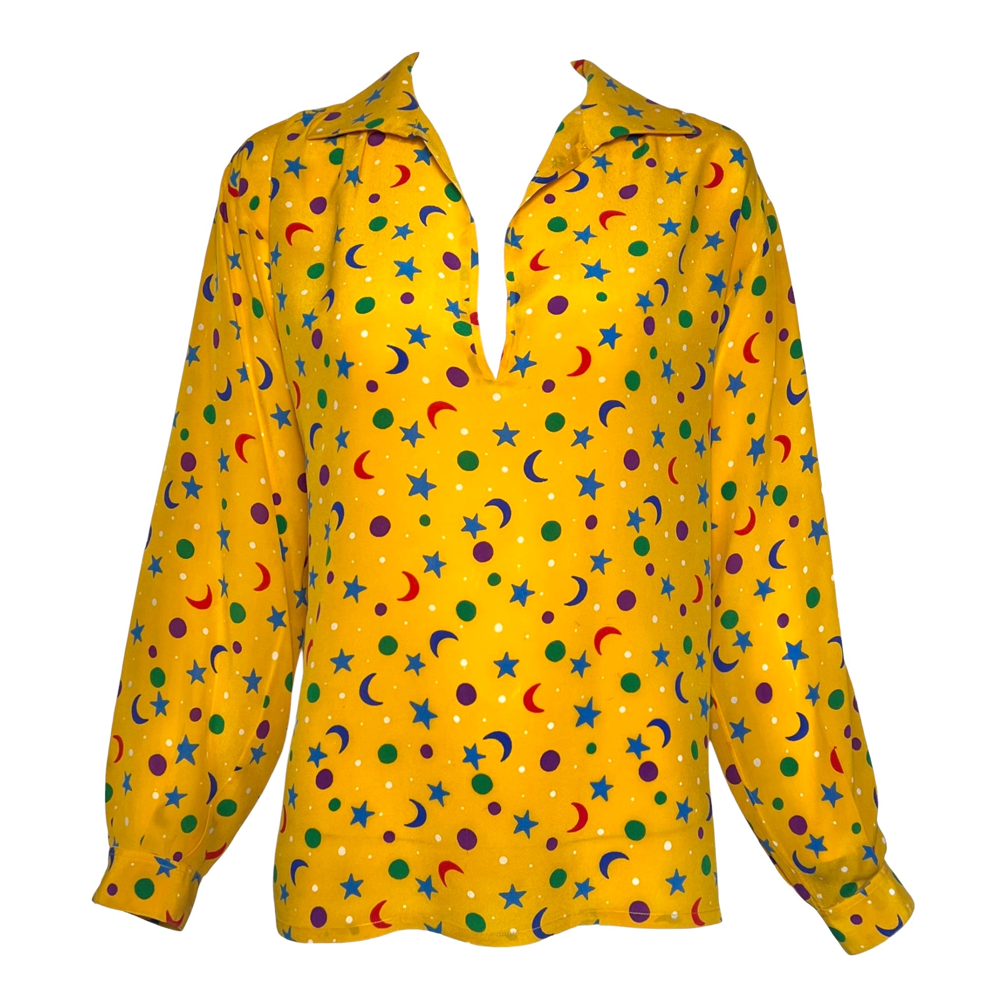 Yves Saint Laurent S/S 1979 Stars and Moon Yellow Silk Blouse, 2