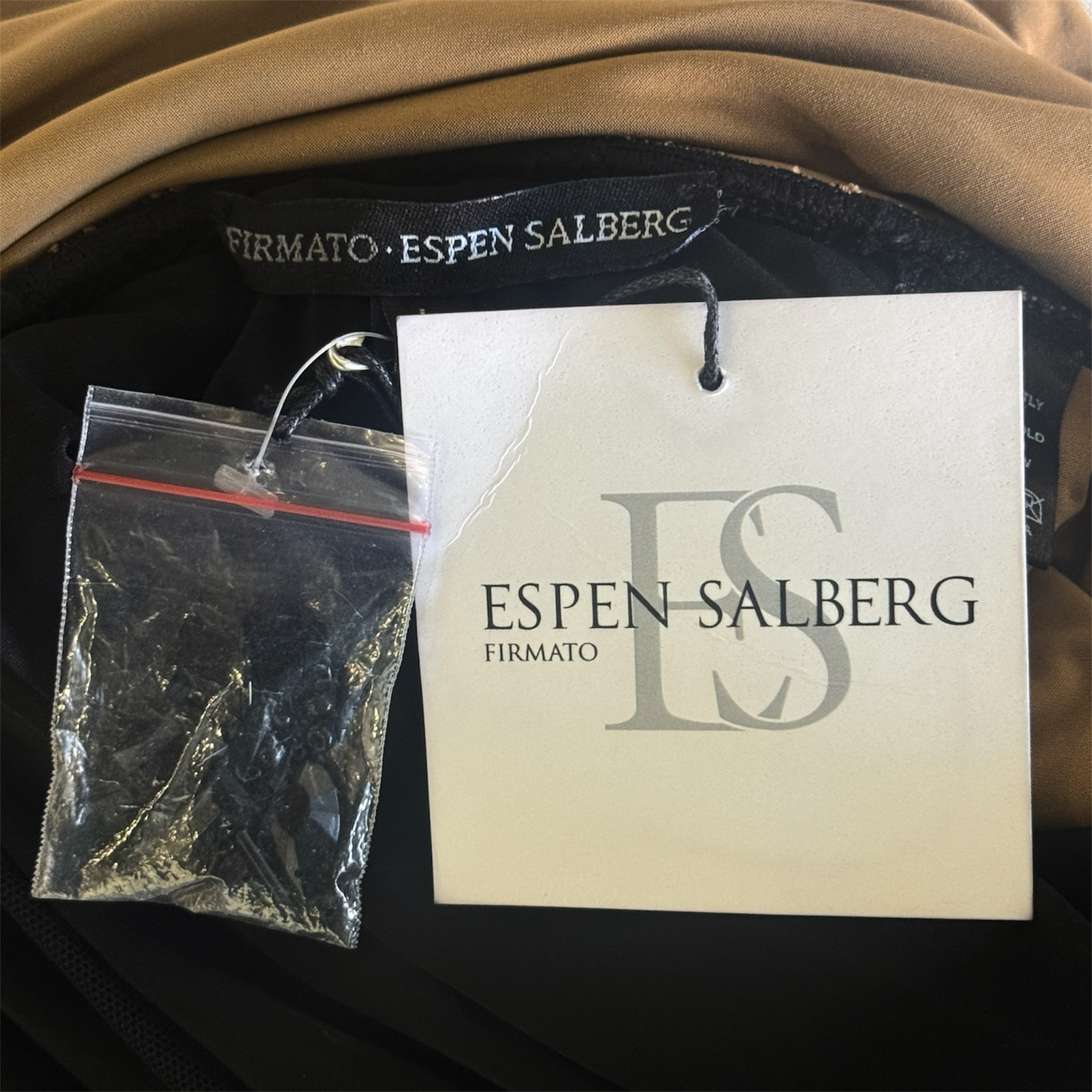 Espen Salberg Black Net Mesh Jersey Ruched and Embellished Mermaid Gown, tag