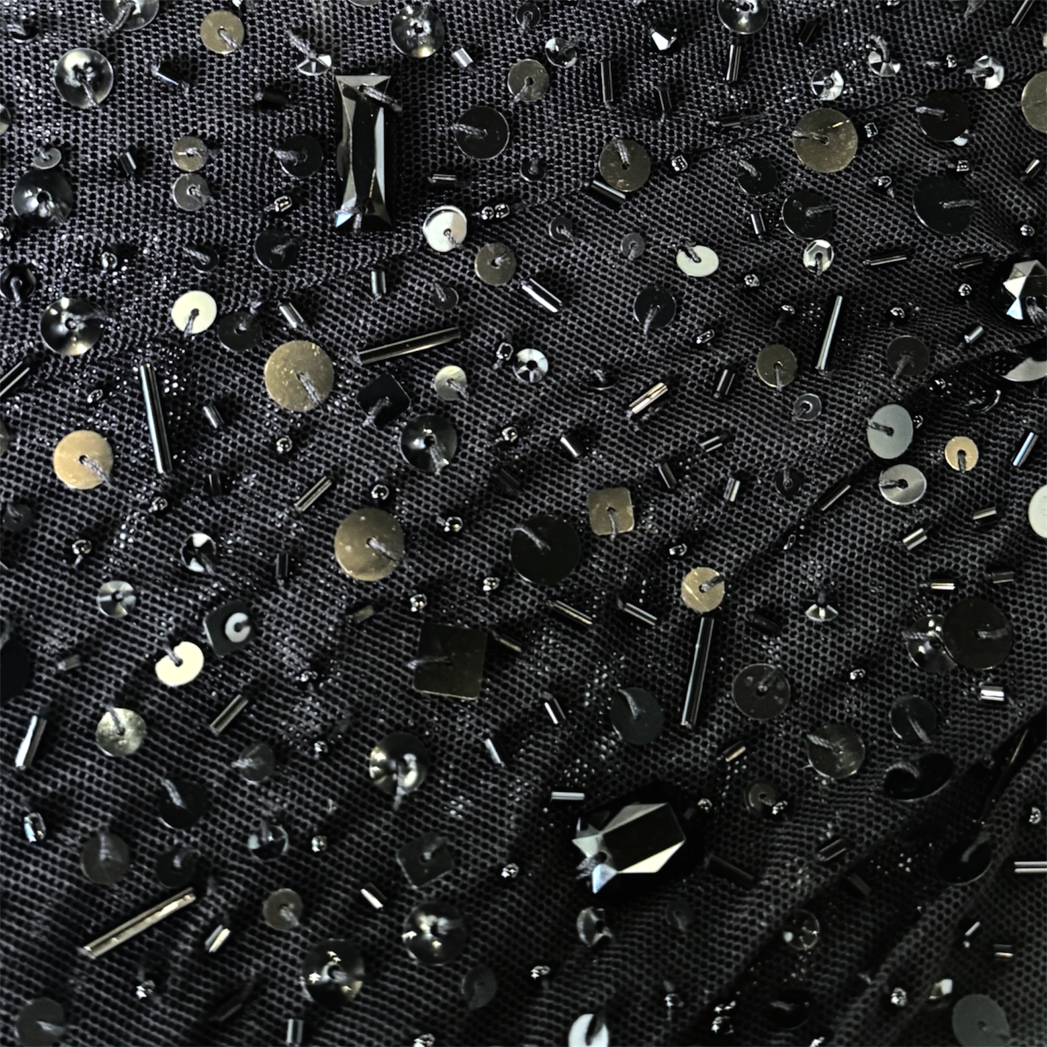 Espen Salberg Black Net Mesh Jersey Ruched and Embellished Mermaid Gown, detail
