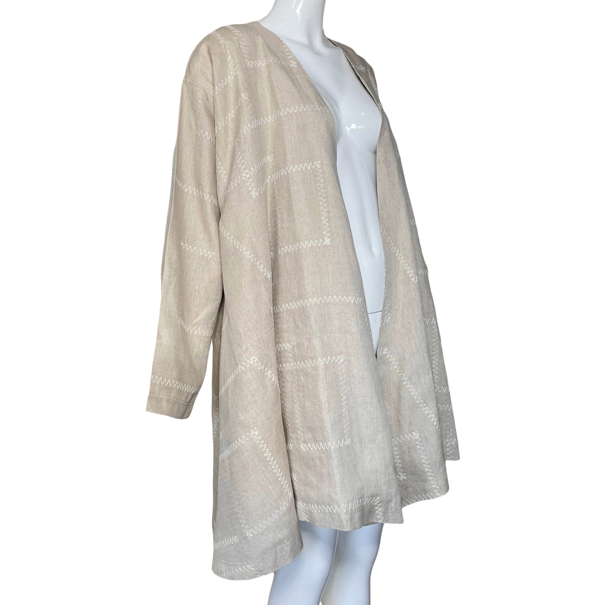 Patrick Kelly 1980's Beige Topstitched Linen Swing Coat, slight side