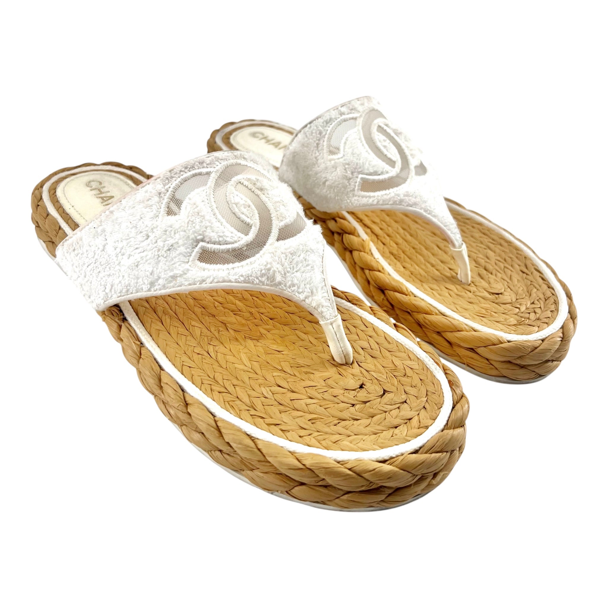Chanel S/S 2022 White Terry Cloth and Raffia Thong Sandals, 42, side by side