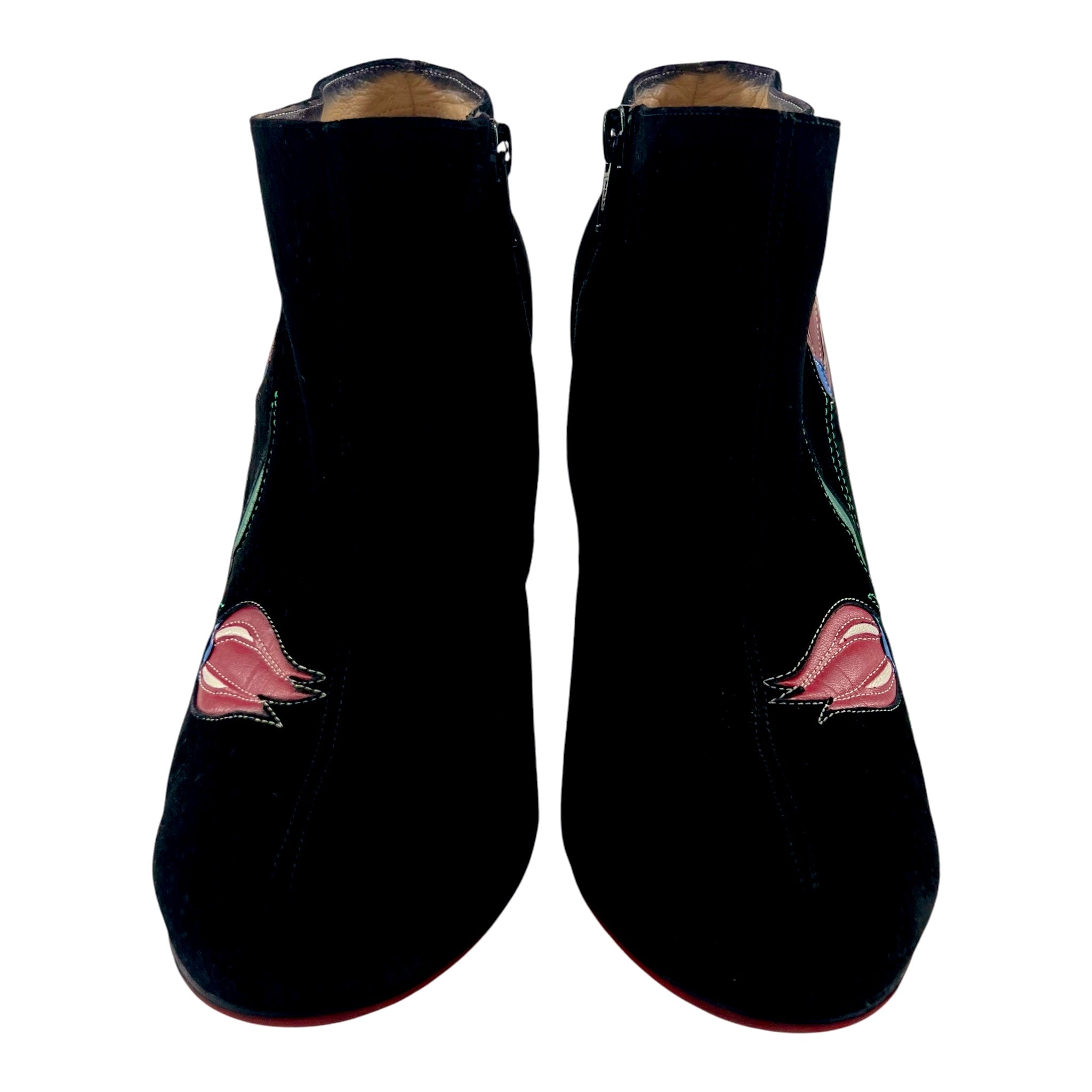 Christian Louboutin Black Velour Veau 120 Stiletto Boot with Red Tulips, 40.5, TOE VIEW
