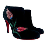 Christian Louboutin Black Velour Veau 120 Stiletto Boot with Red Tulips, 40.5, SLIGHT SIDE