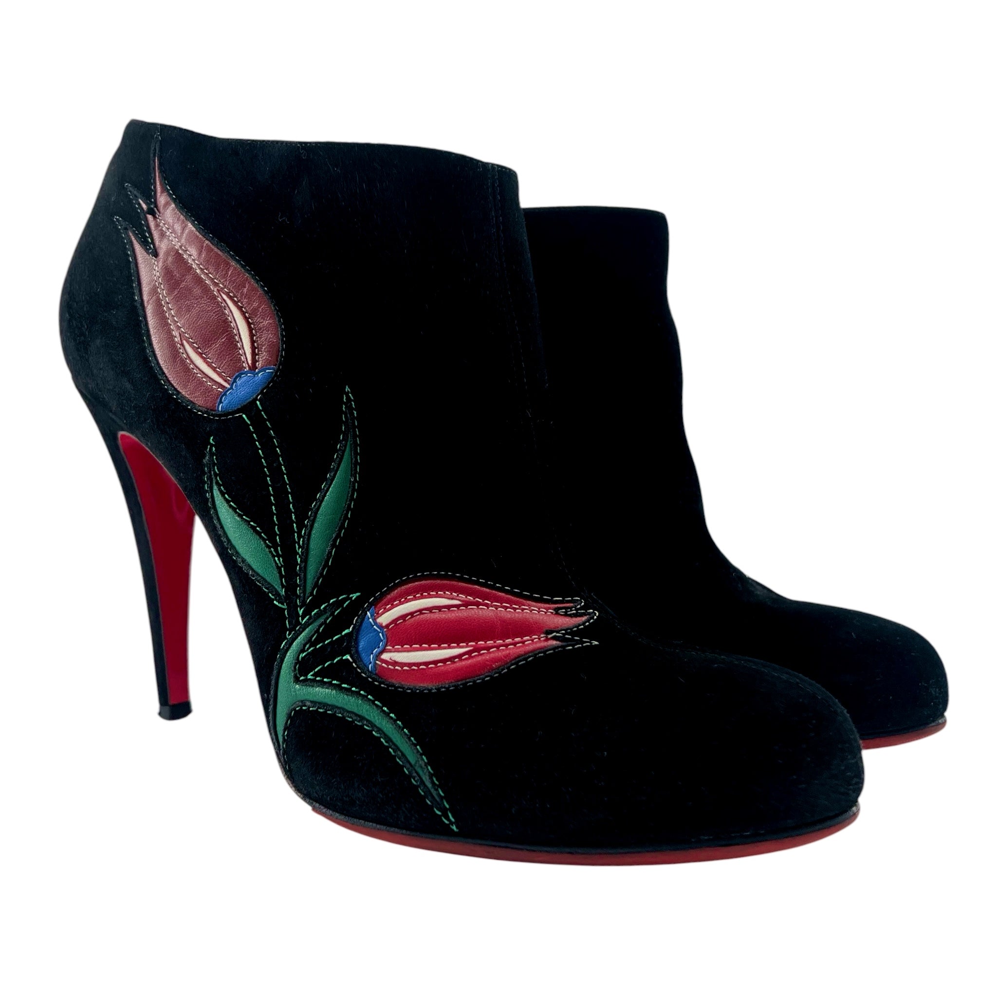 Christian Louboutin Black Velour Veau 120 Stiletto Boot with Red Tulips, 40.5, SLIGHT SIDE