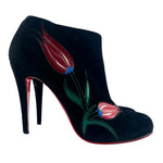Christian Louboutin Black Velour Veau 120 Stiletto Boot with Red Tulips, 40.5