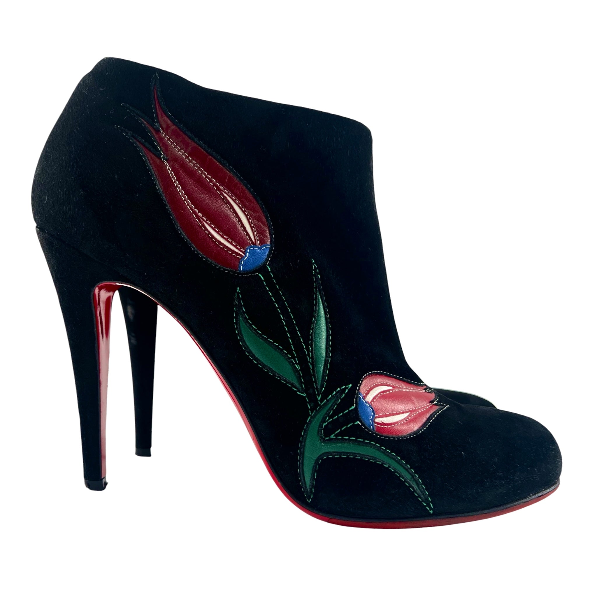Christian Louboutin Black Velour Veau 120 Stiletto Boot with Red Tulips, 40.5