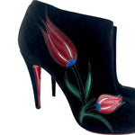 Christian Louboutin Black Velour Veau 120 Stiletto Boot with Red Tulips, 40.5, TULIP DETAIL