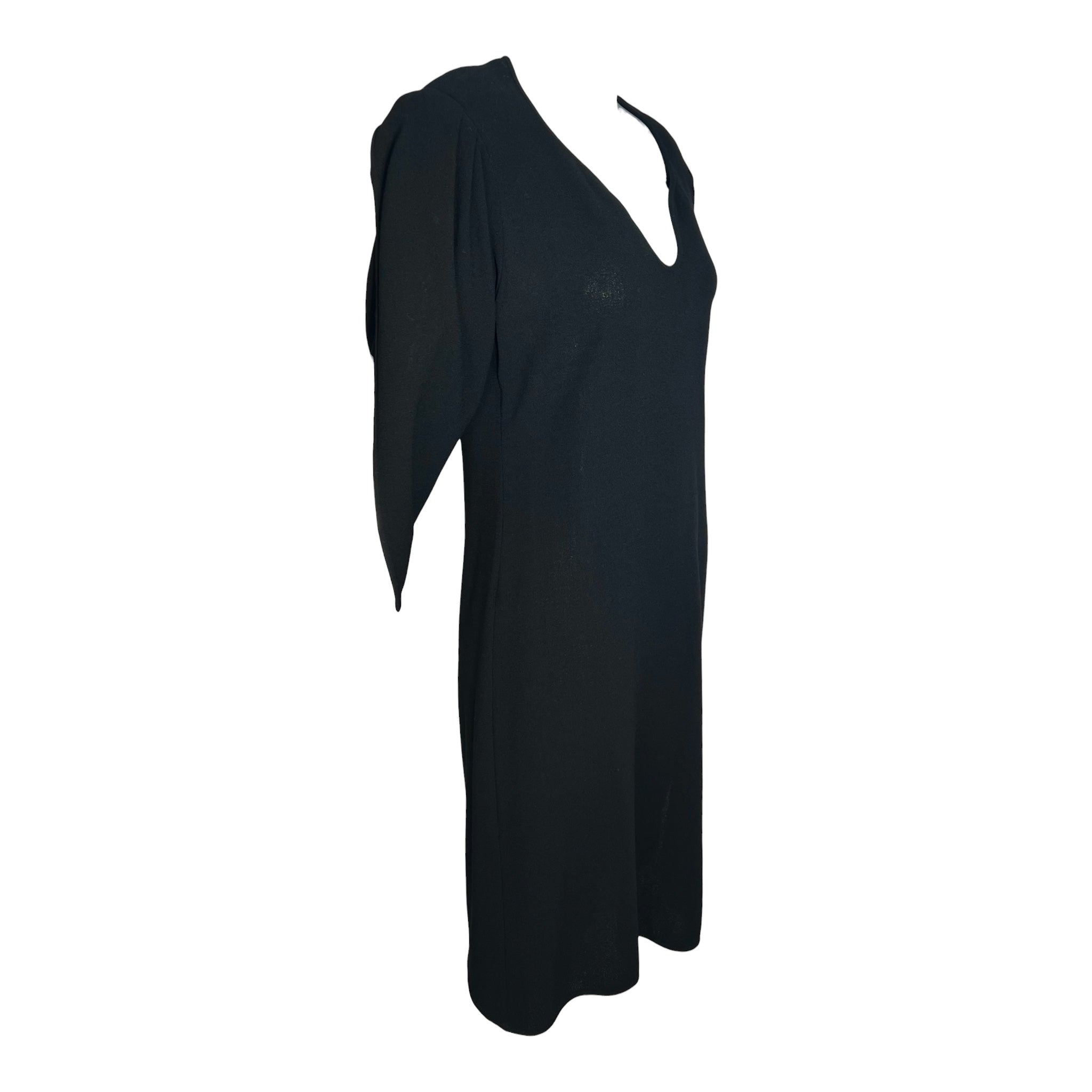 Galanos 1980's Black Wool Crepe Tulip Sleeve Tunic Dress, slight side