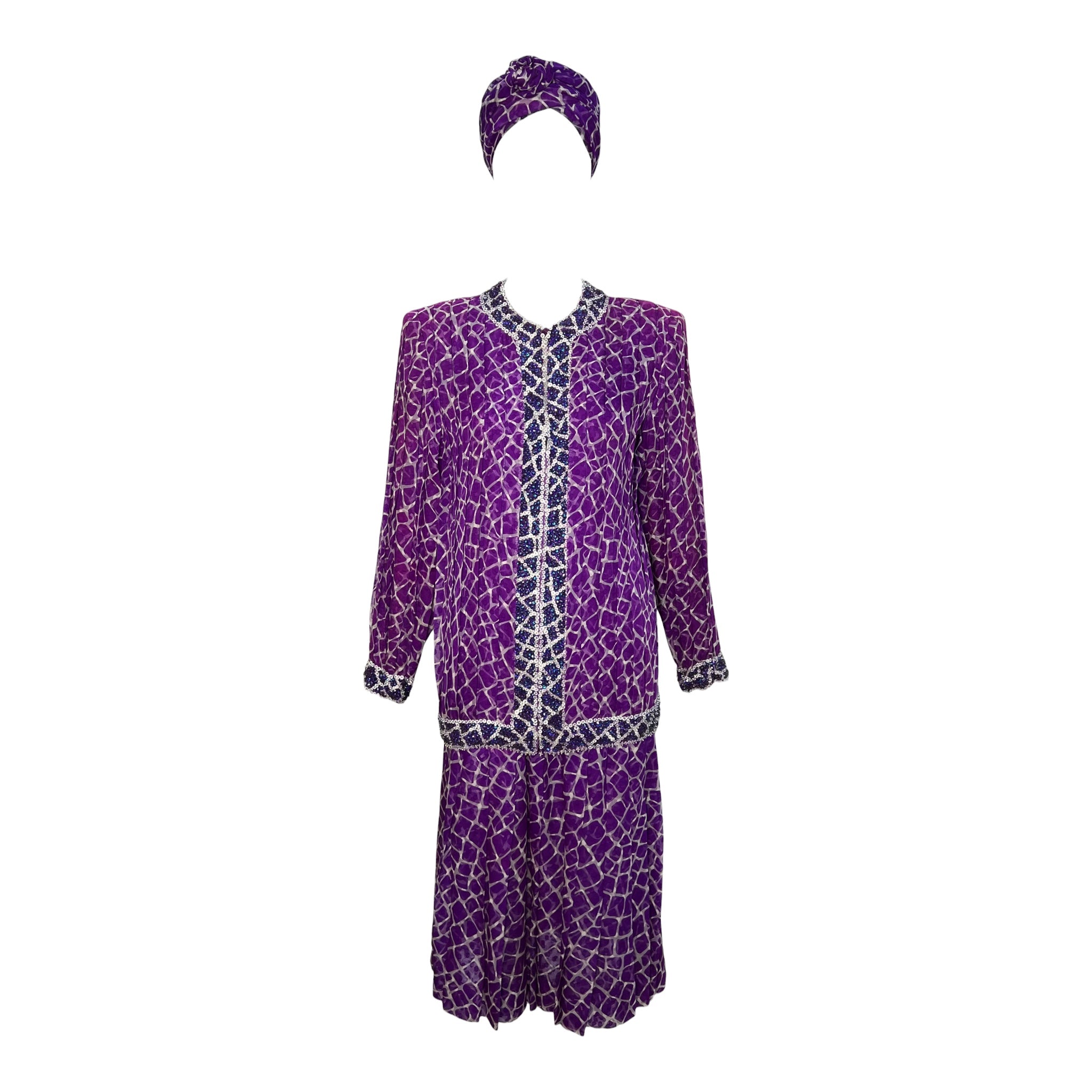 Galanos S/S 1984 Purple Silk Chiffon Jacquard Giraffe Print Beaded Skirt Ensemble