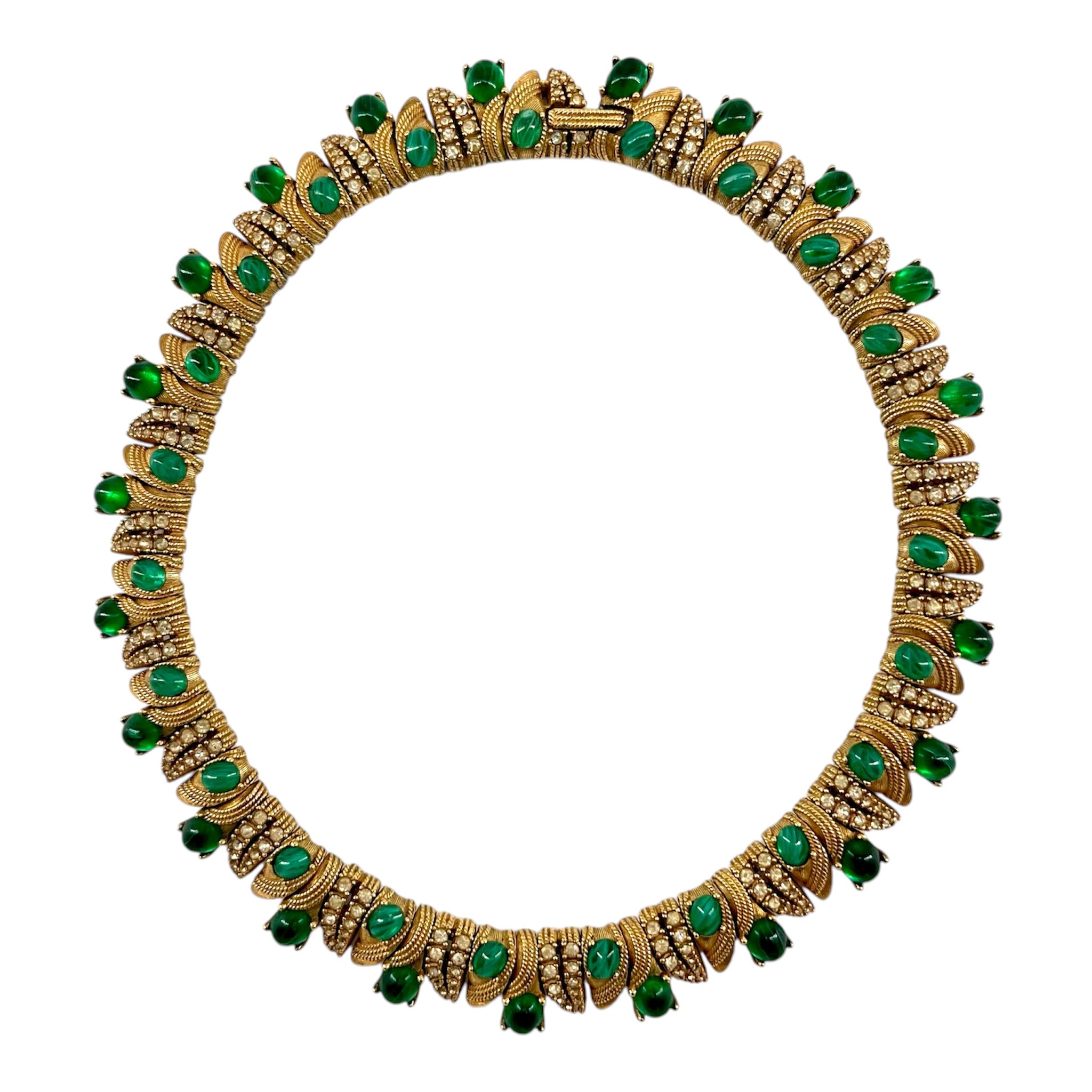 Ciner 1960's Jewels of India Green Cabochon and Rhinestone Gold Plated Necklace and Bracelet Set, necklace