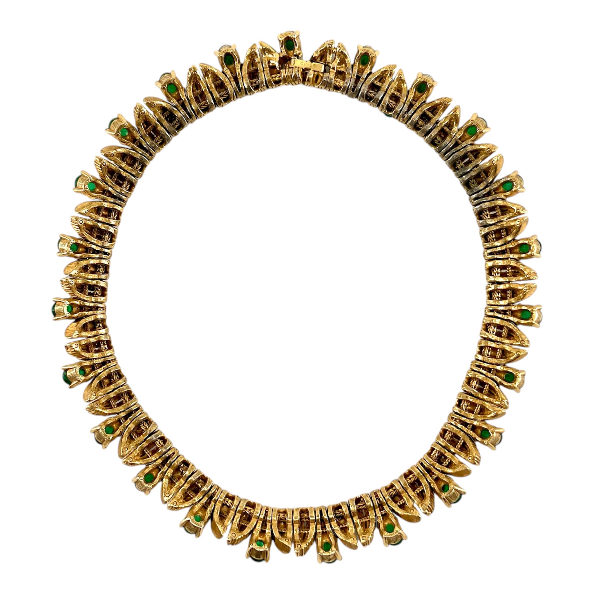 Ciner 1960's Jewels of India Green Cabochon and Rhinestone Gold Plated Necklace and Bracelet Set, necklace back