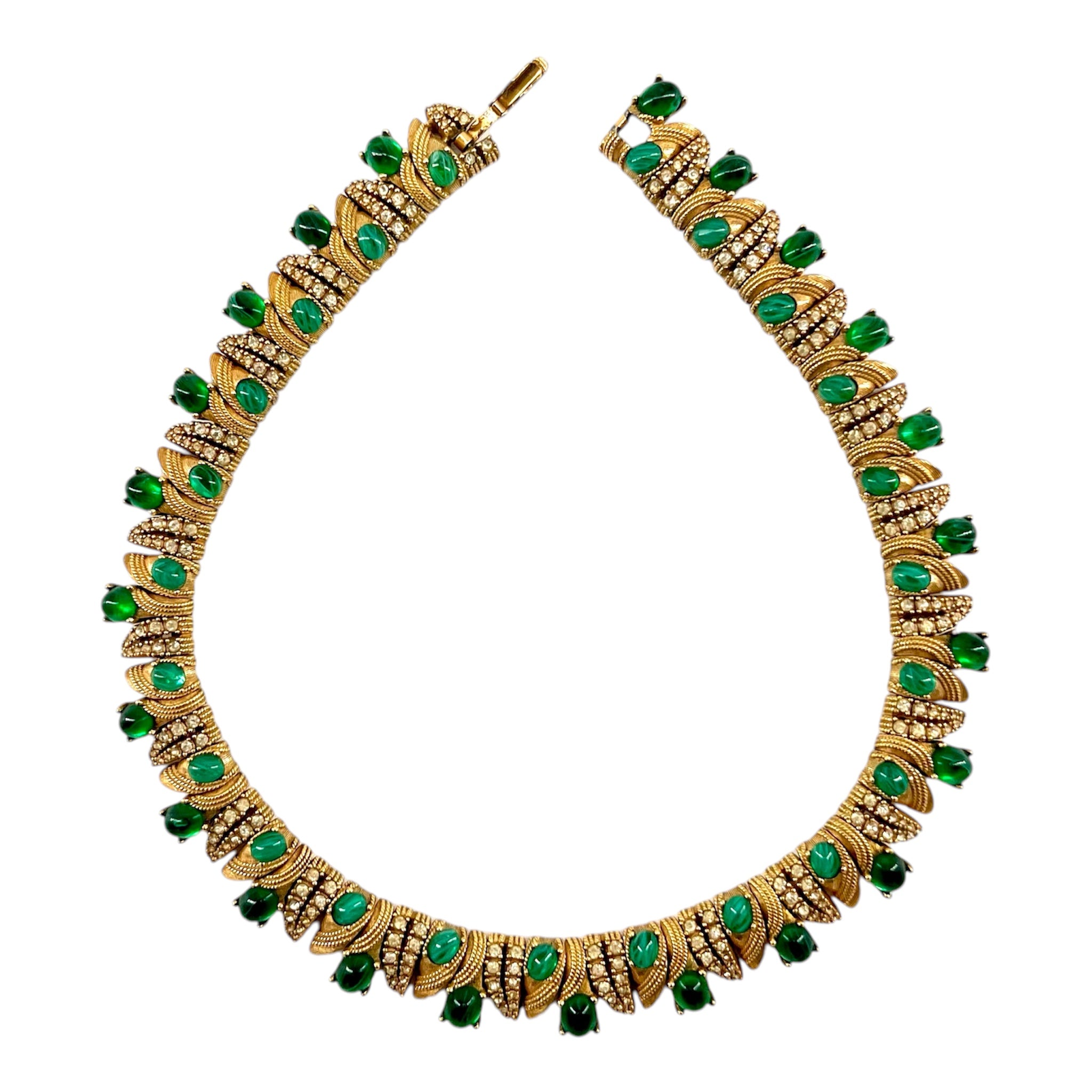 Ciner 1960's Jewels of India Green Cabochon and Rhinestone Gold Plated Necklace and Bracelet Set, necklace open