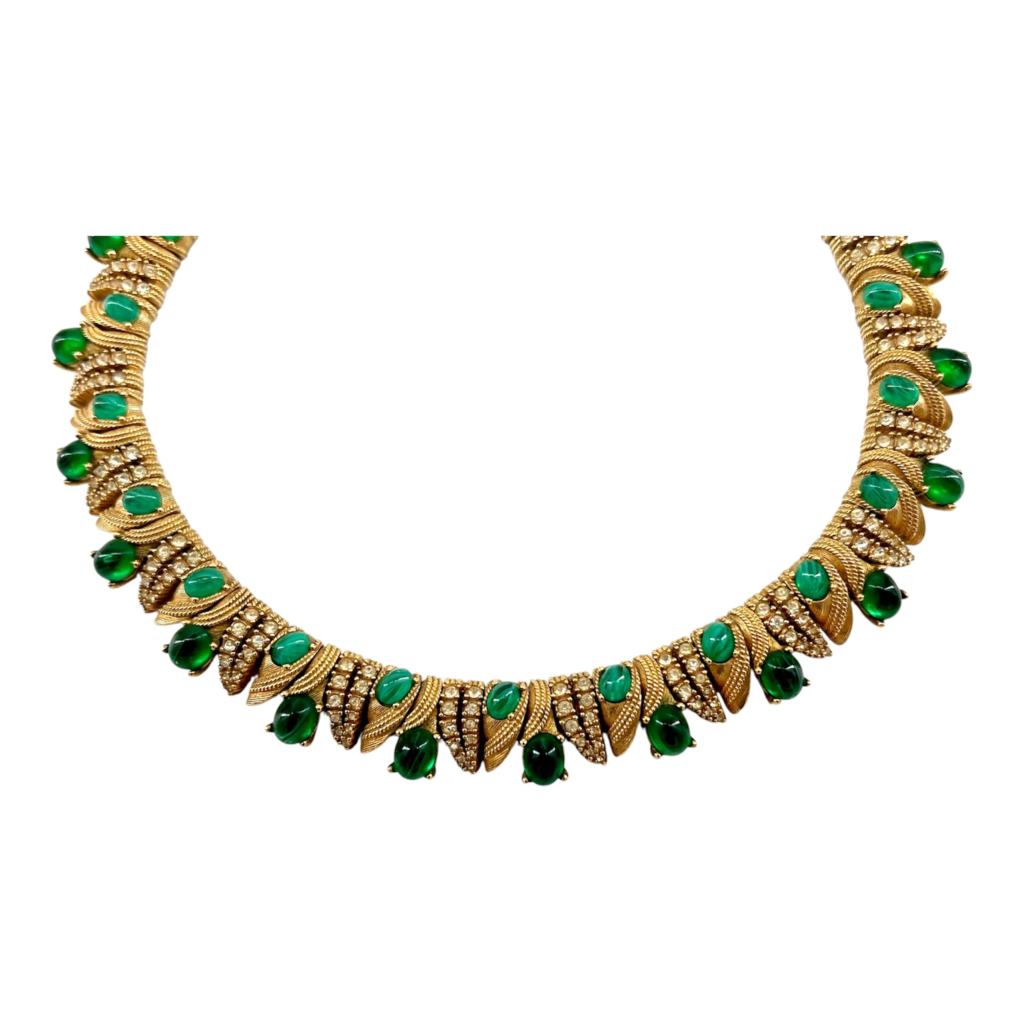 Ciner 1960's Jewels of India Green Cabochon and Rhinestone Gold Plated Necklace and Bracelet Set,  necklace partial