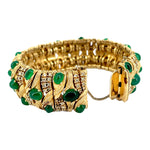 Ciner 1960's Jewels of India Green Cabochon and Rhinestone Gold Plated Necklace and Bracelet Set, bracelet open