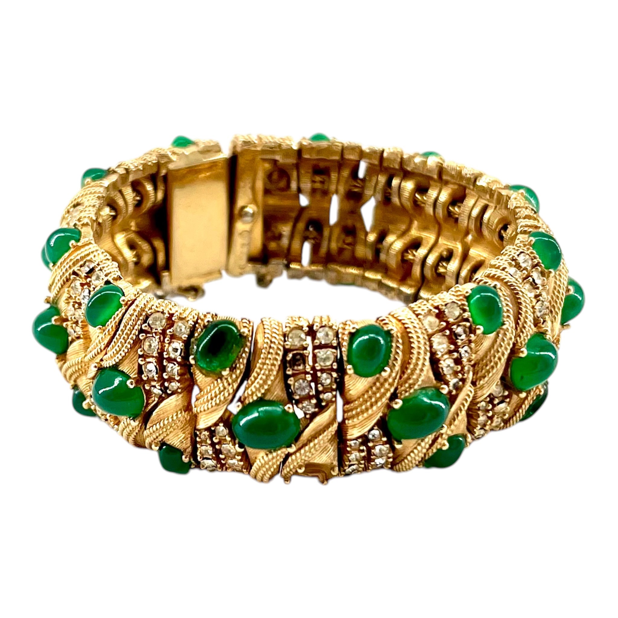 Ciner 1960's Jewels of India Green Cabochon and Rhinestone Gold Plated Necklace and Bracelet Set, bracelet
