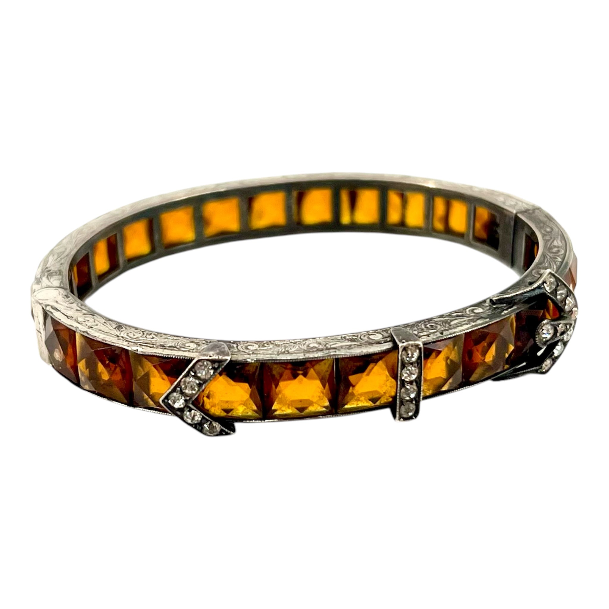 Diamonbar 1920's Art Deco Sterling Silver Buckle Bracelet with Rhinestones and Citrine Glass