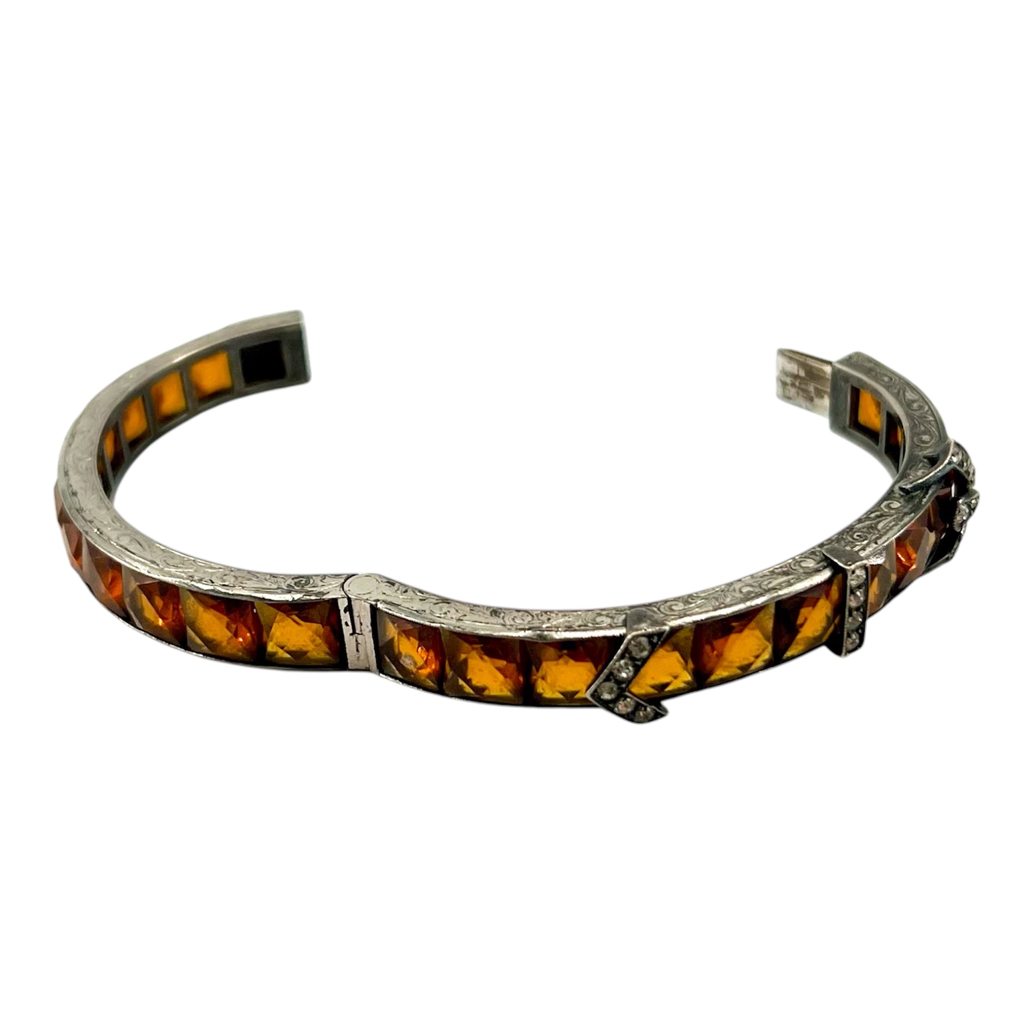 Diamonbar 1920's Art Deco Sterling Silver Buckle Bracelet with Rhinestones and Citrine Glass, open