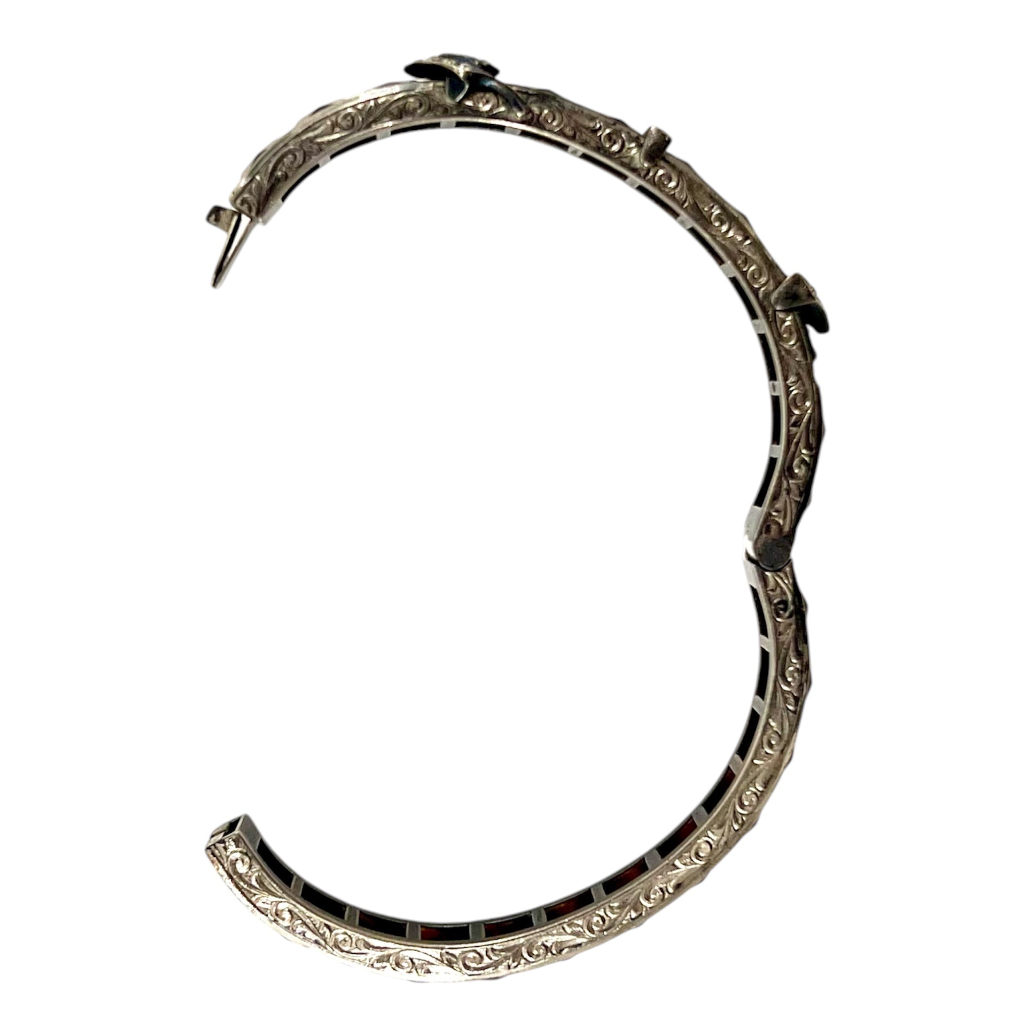 Diamonbar 1920's Art Deco Sterling Silver Buckle Bracelet with Rhinestones and Citrine Glass, top open