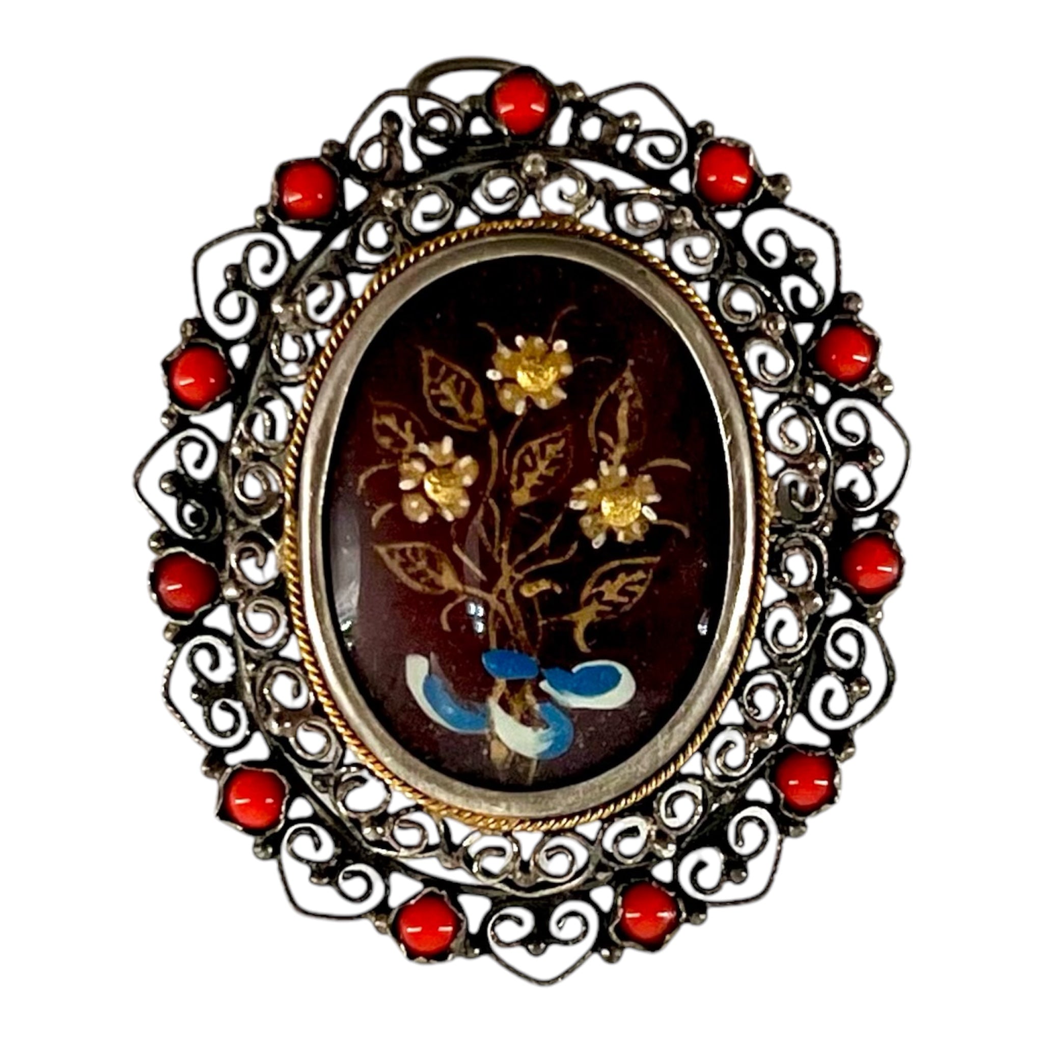 Early 20th Century European Silver Filigree and Coral Locket Pendant Brooch with Hand Painted Flowers