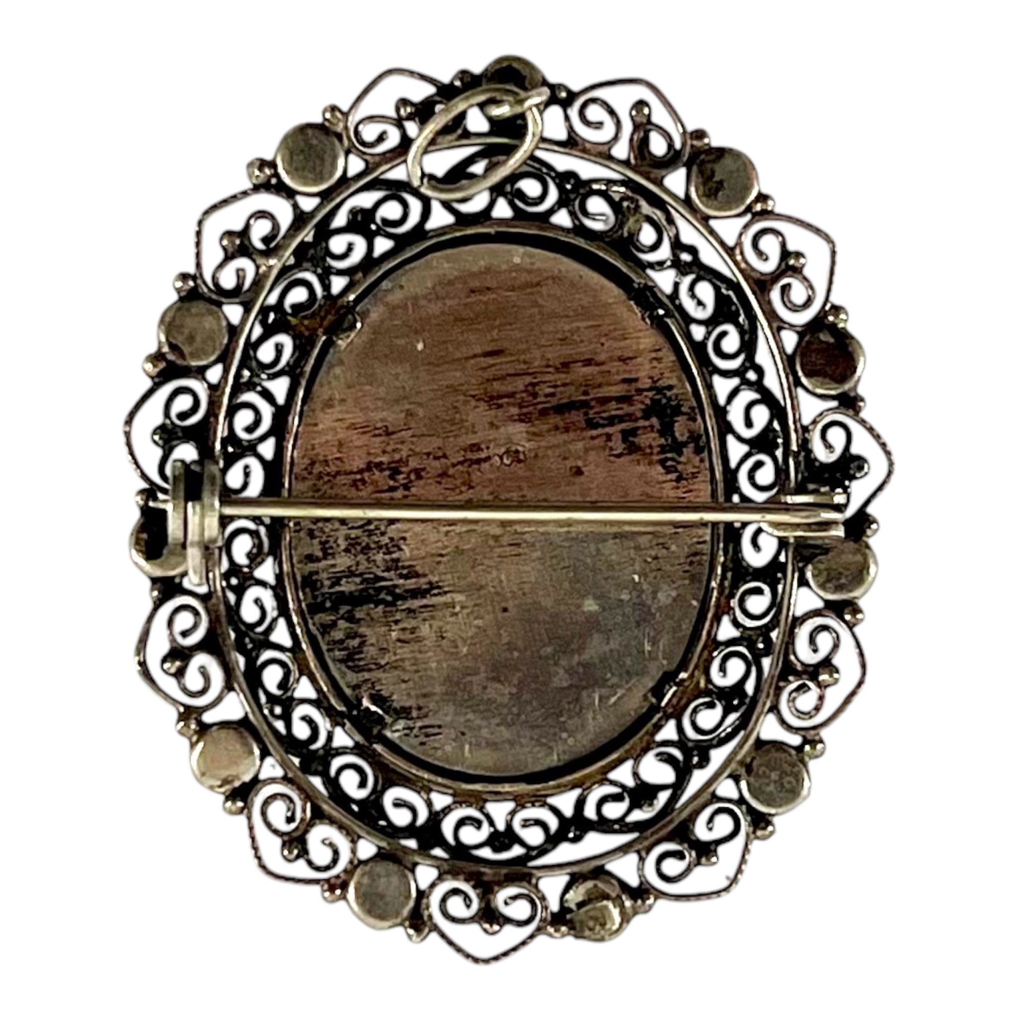Early 20th Century European Silver Filigree and Coral Locket Pendant Brooch with Hand Painted Flowers, reverse