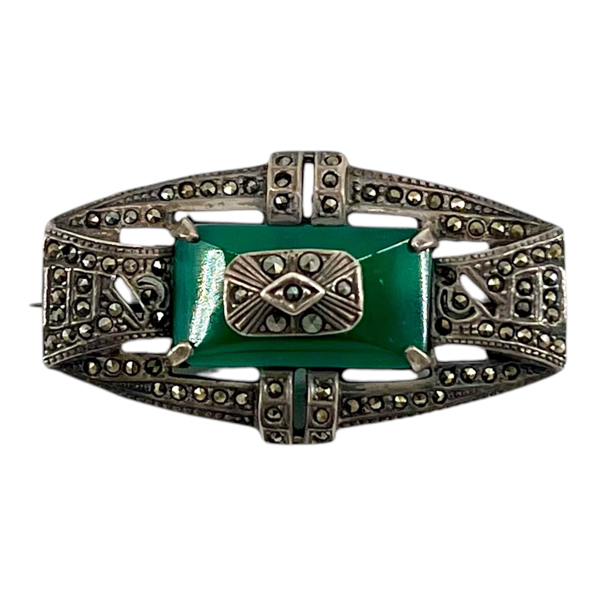 1920's Deco Marcasite, Chrysoprase, and Sterling Silver Brooch