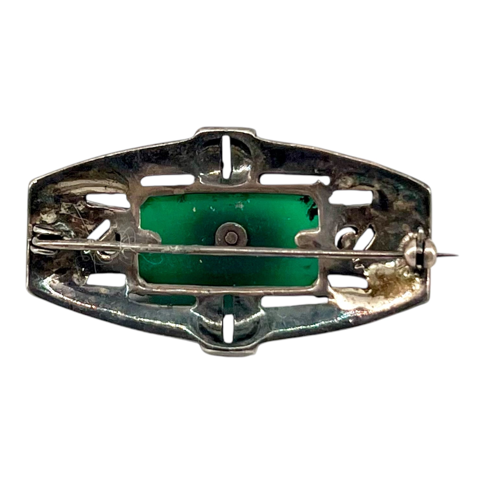1920's Deco Marcasite, Chrysoprase, and Sterling Silver Brooch, back