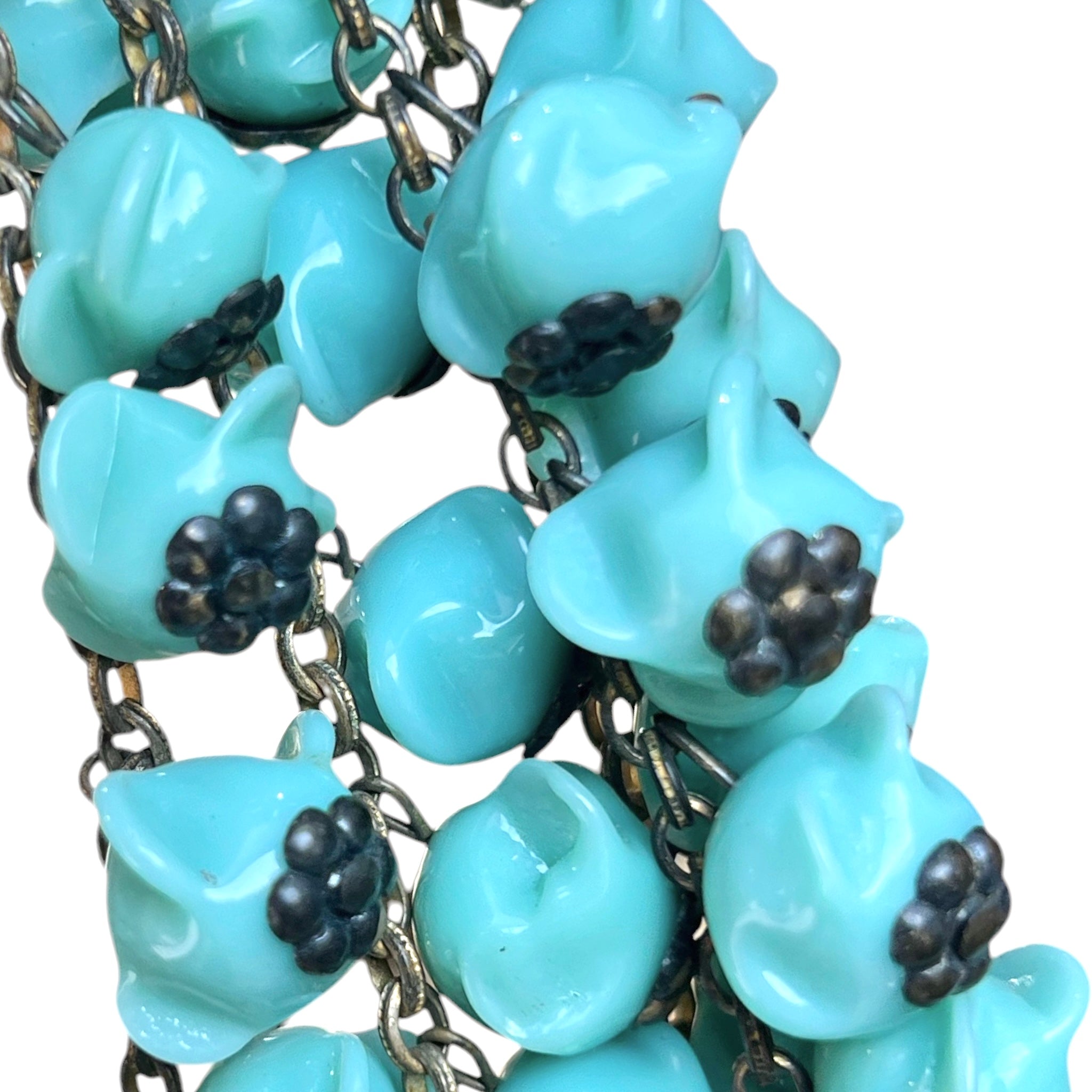 Miriam Haskell 1930's Turquoise Glass Bead Four Strand Bib Necklace, Rare  detail