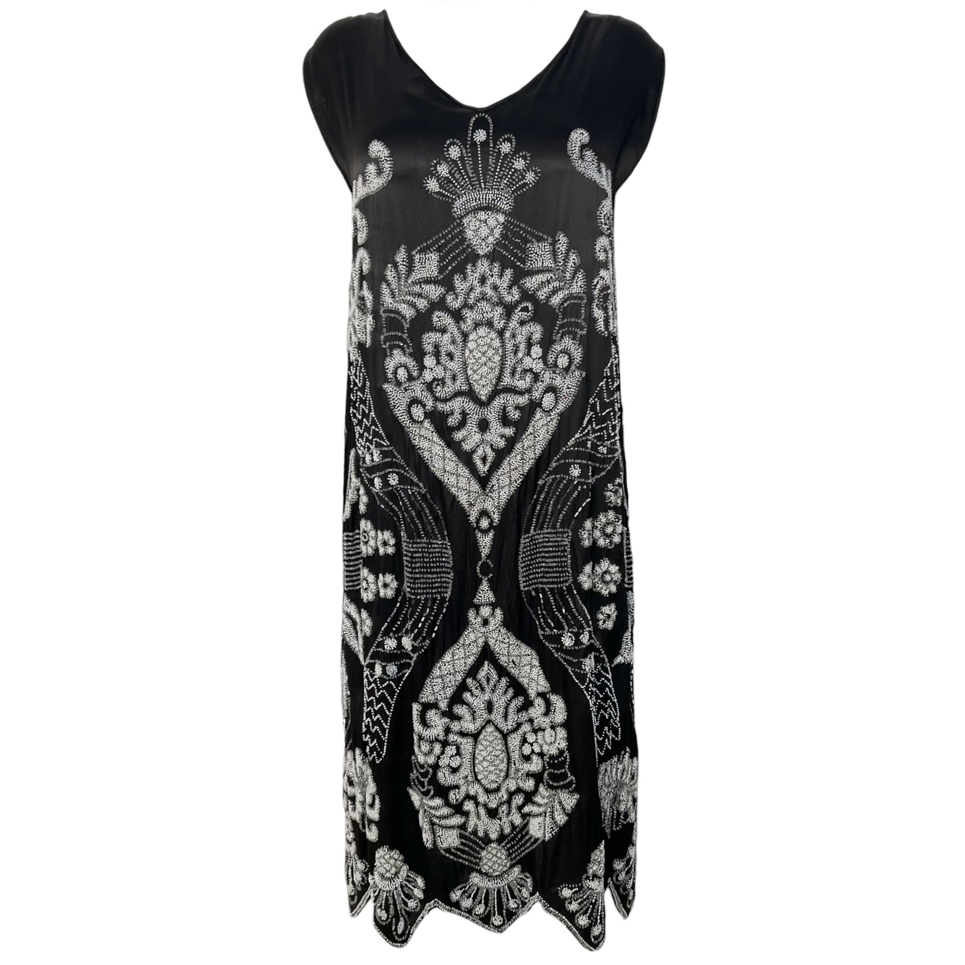 1920's Art Deco White Beaded Charcoal Black Satin Silk Evening Dress