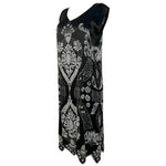 1920's Art Deco White Beaded Charcoal Black Satin Silk Evening Dress, slight side