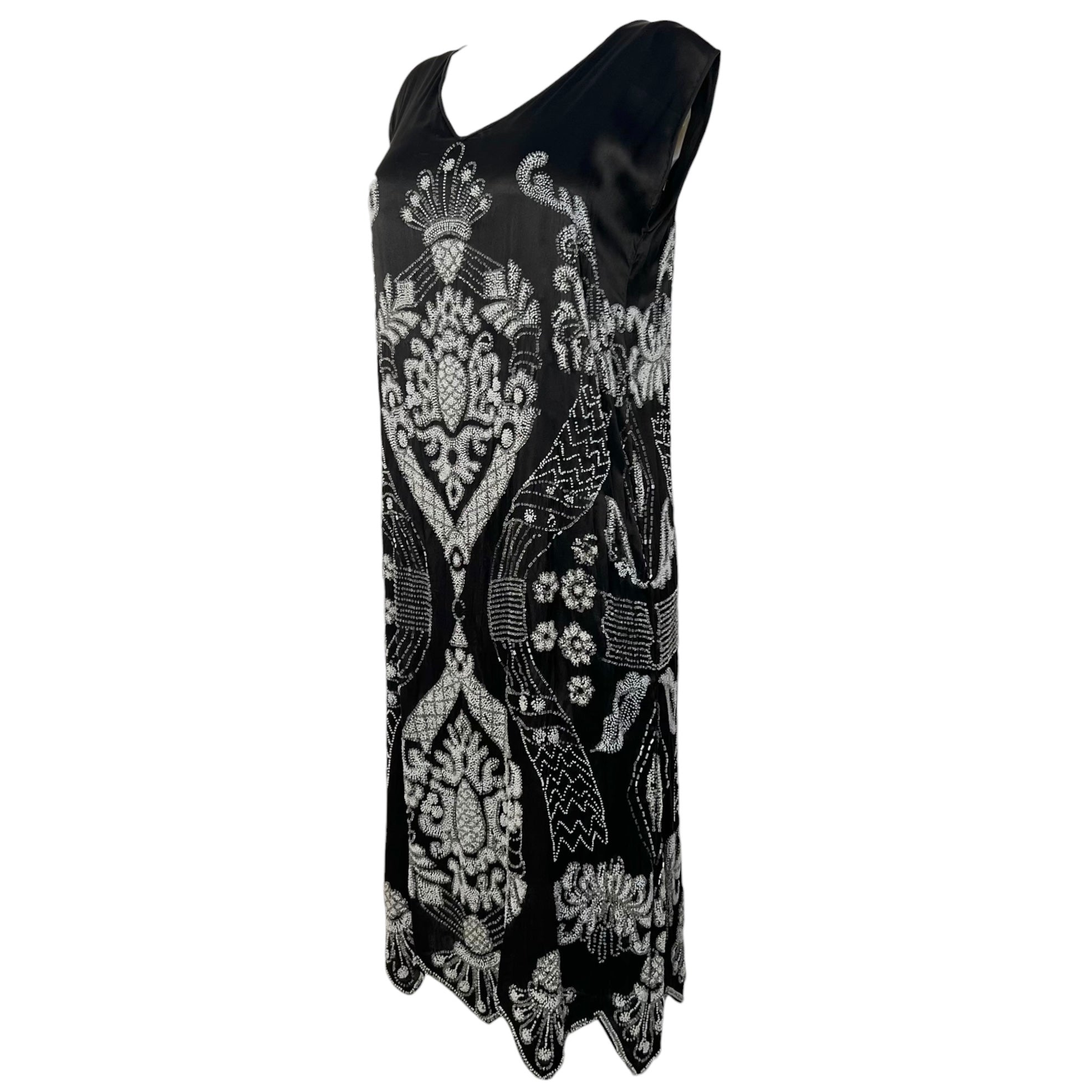 1920's Art Deco White Beaded Charcoal Black Satin Silk Evening Dress, slight side
