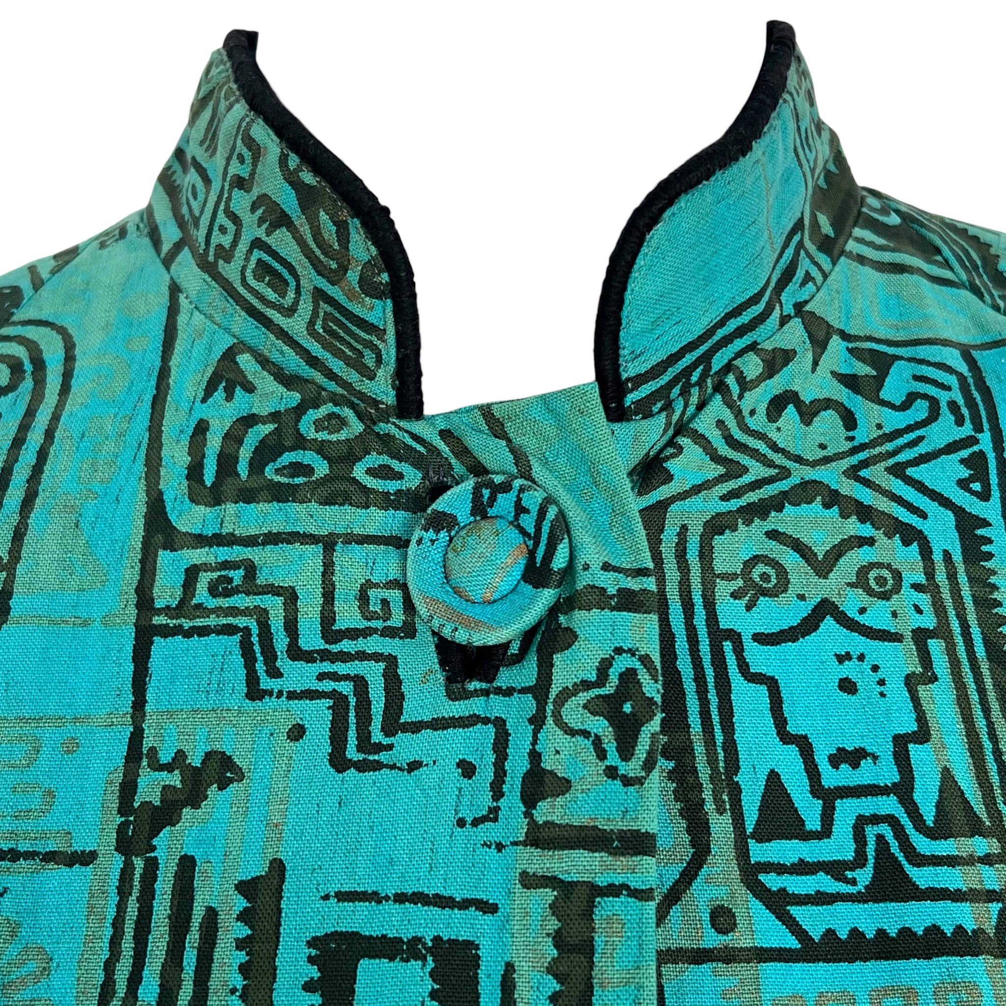 Maya de Mexico Mid Century Teal Printed Resort Duster,  neck detail