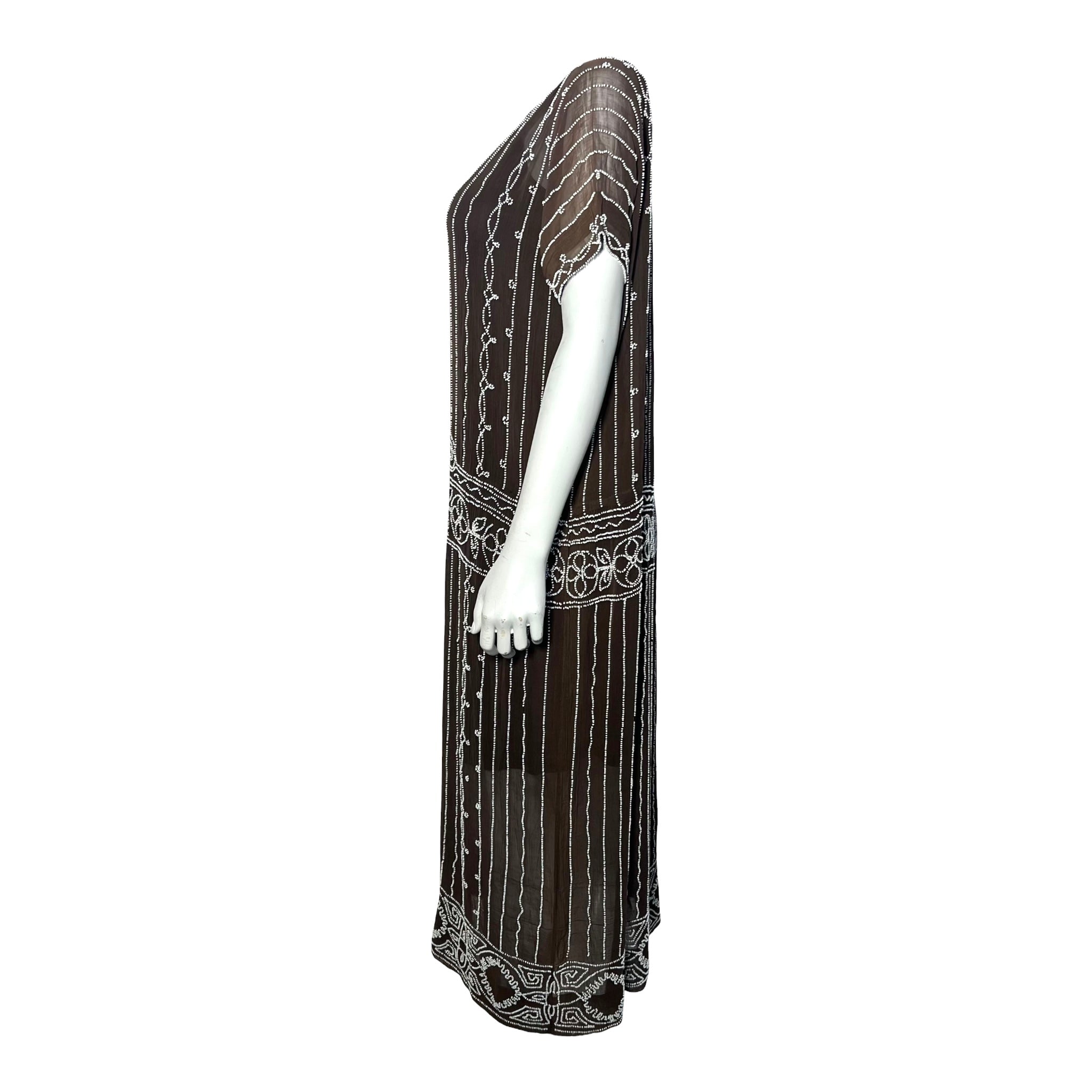 1920's Brown Cotton Gauze Dress with White Art Deco Beading, side