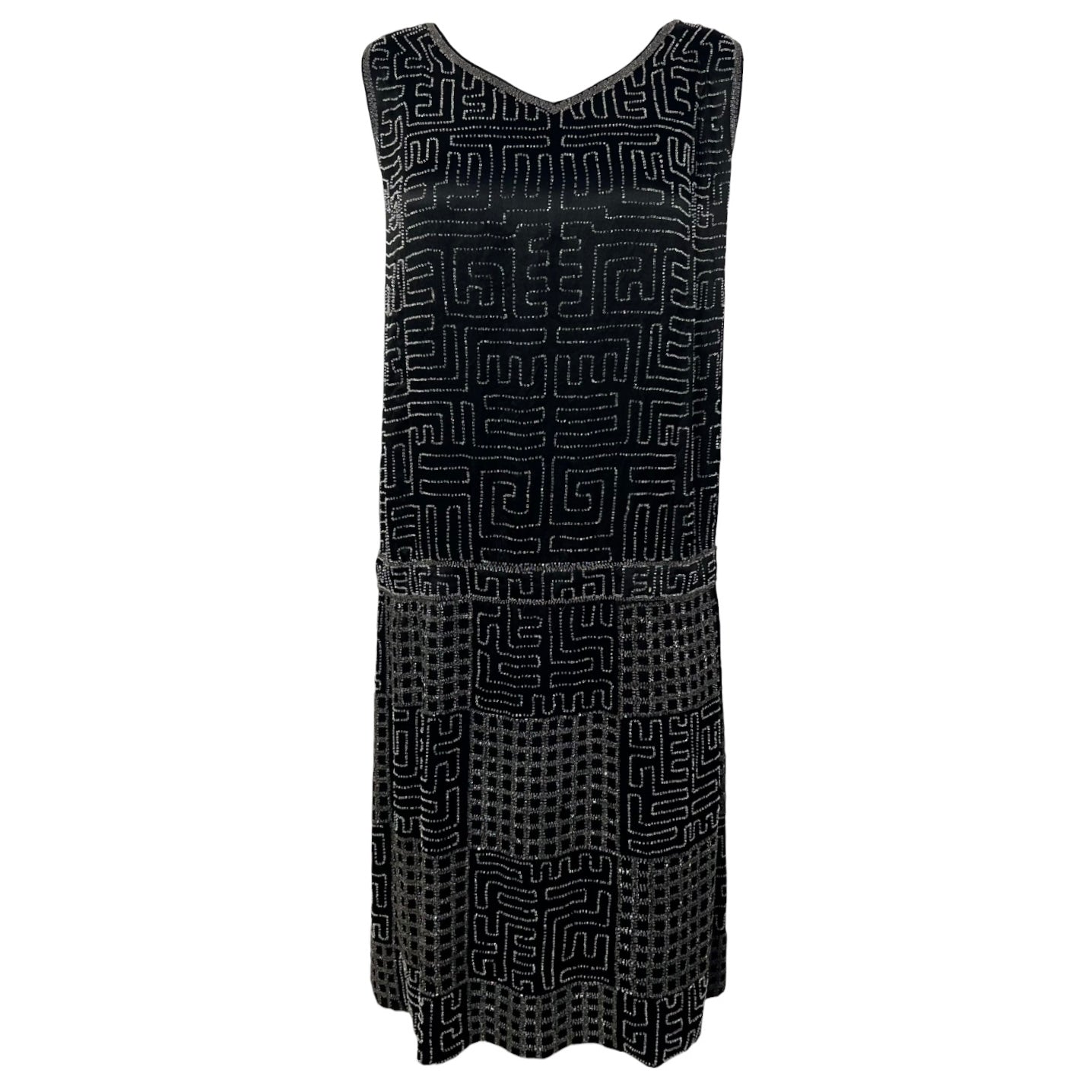 1920's Art Deco Geometric Beaded Black Silk Satin Evening Dress