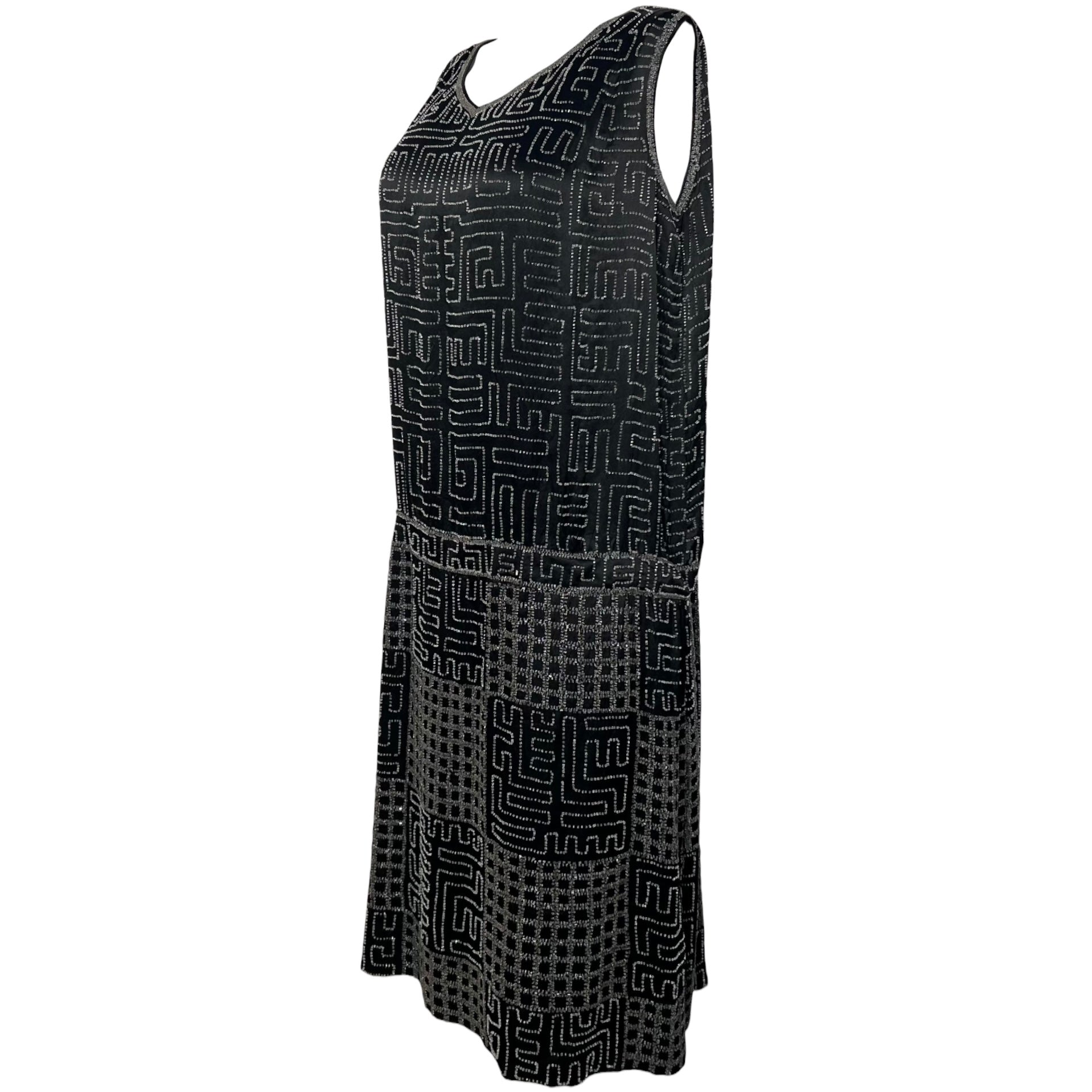 1920's Art Deco Geometric Beaded Black Silk Satin Evening Dress, slight side