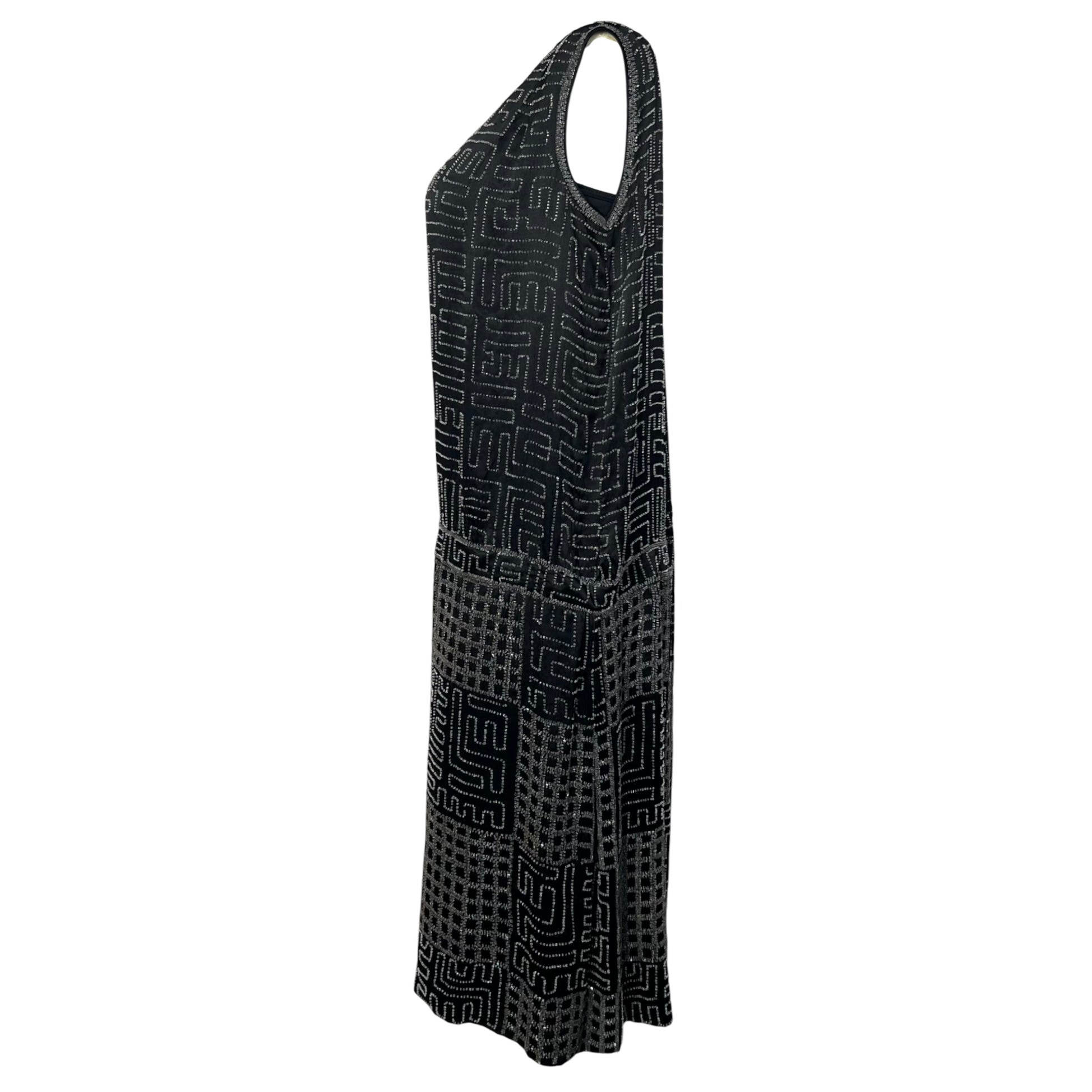 1920's Art Deco Geometric Beaded Black Silk Satin Evening Dress, side